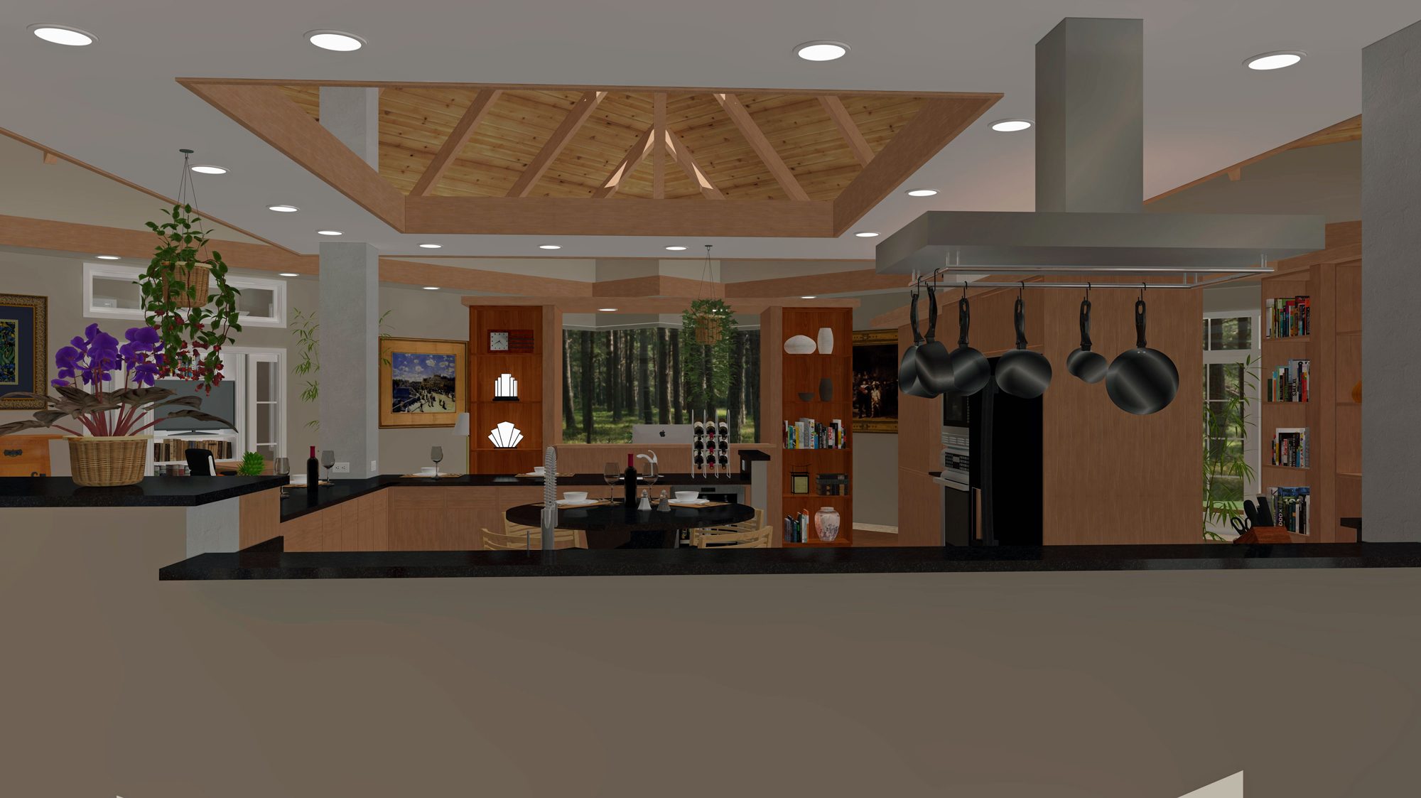 Wider kitchen view with pyramid ceiling
