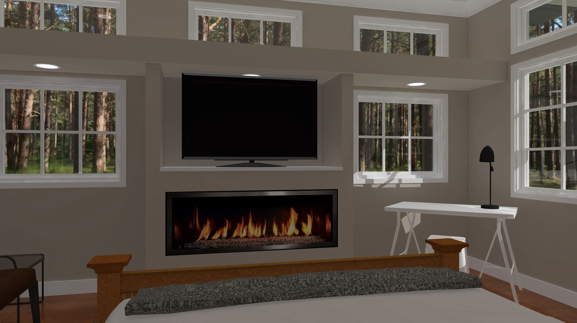 Primary bedroom with fireplace and TV
