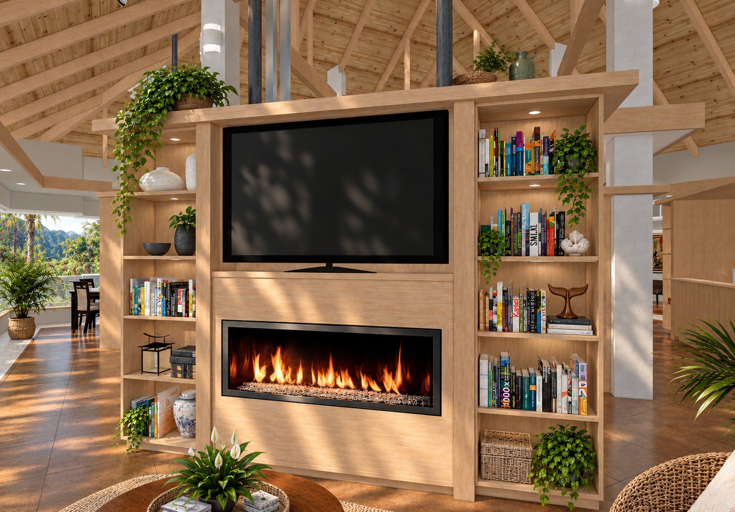 Media wall with linear fireplace and bookshelves