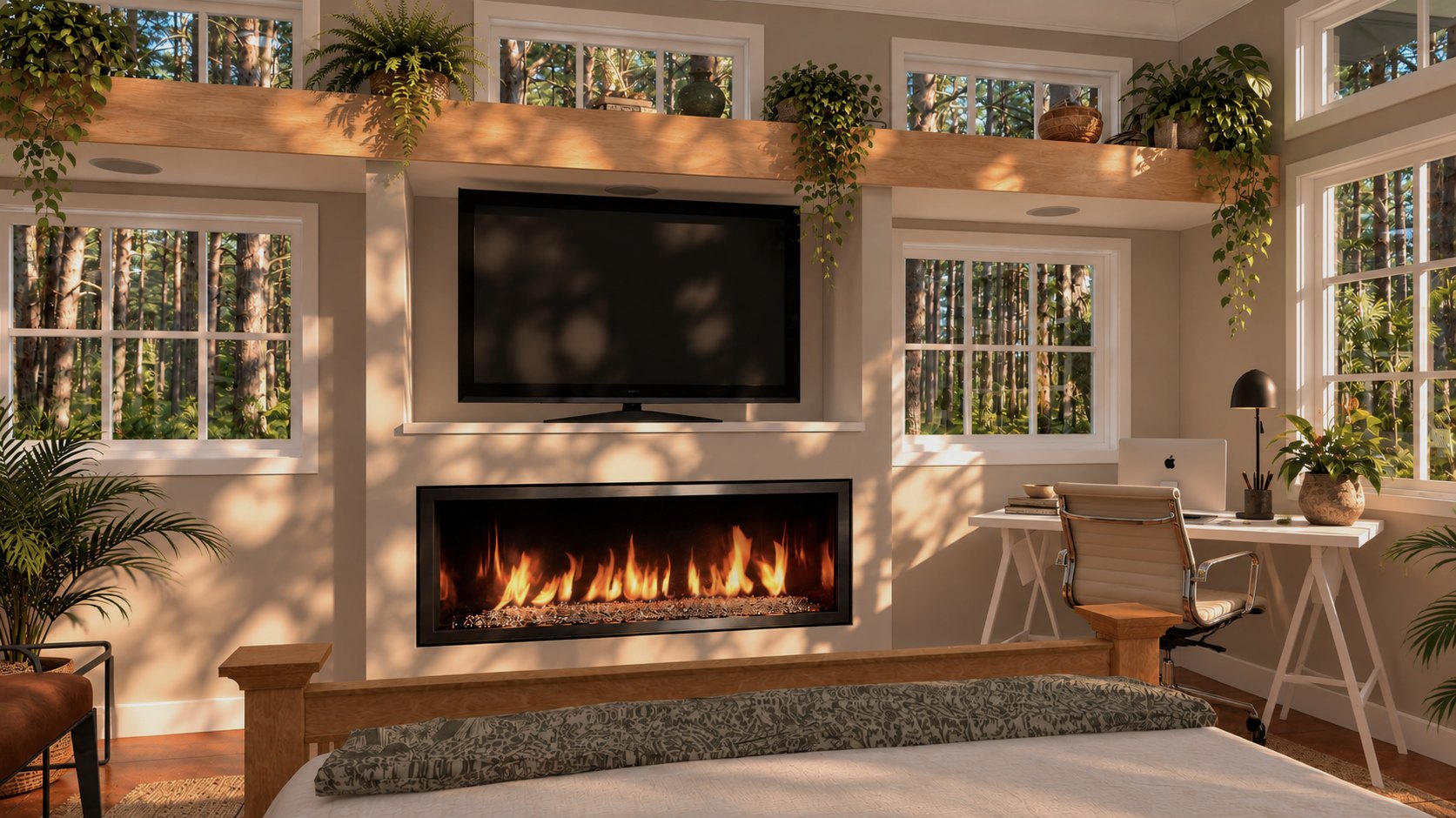 Primary bedroom fireplace and TV wall
