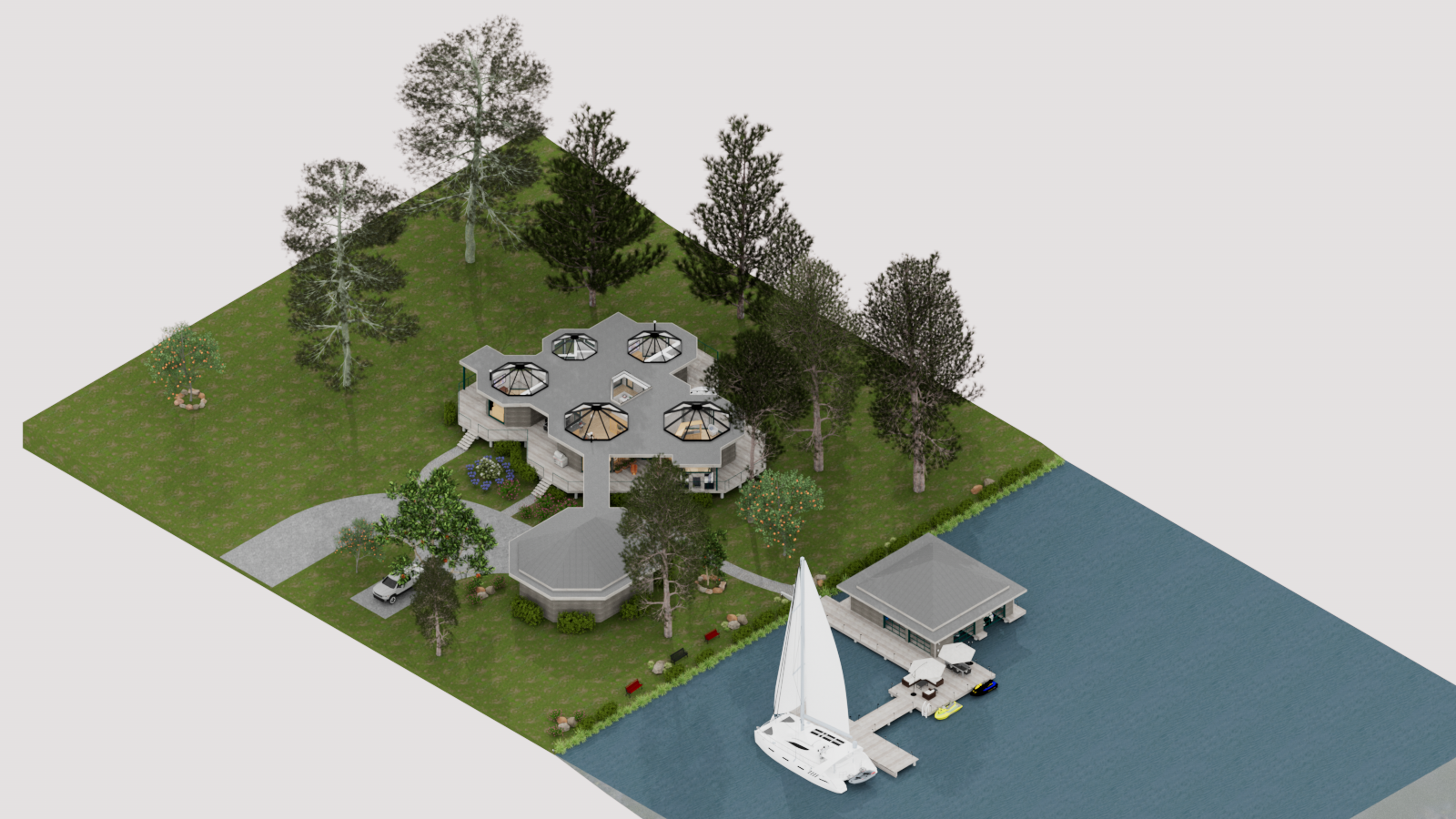 Contemporary Pavilion — aerial view of the pod cluster, garage, and boathouse