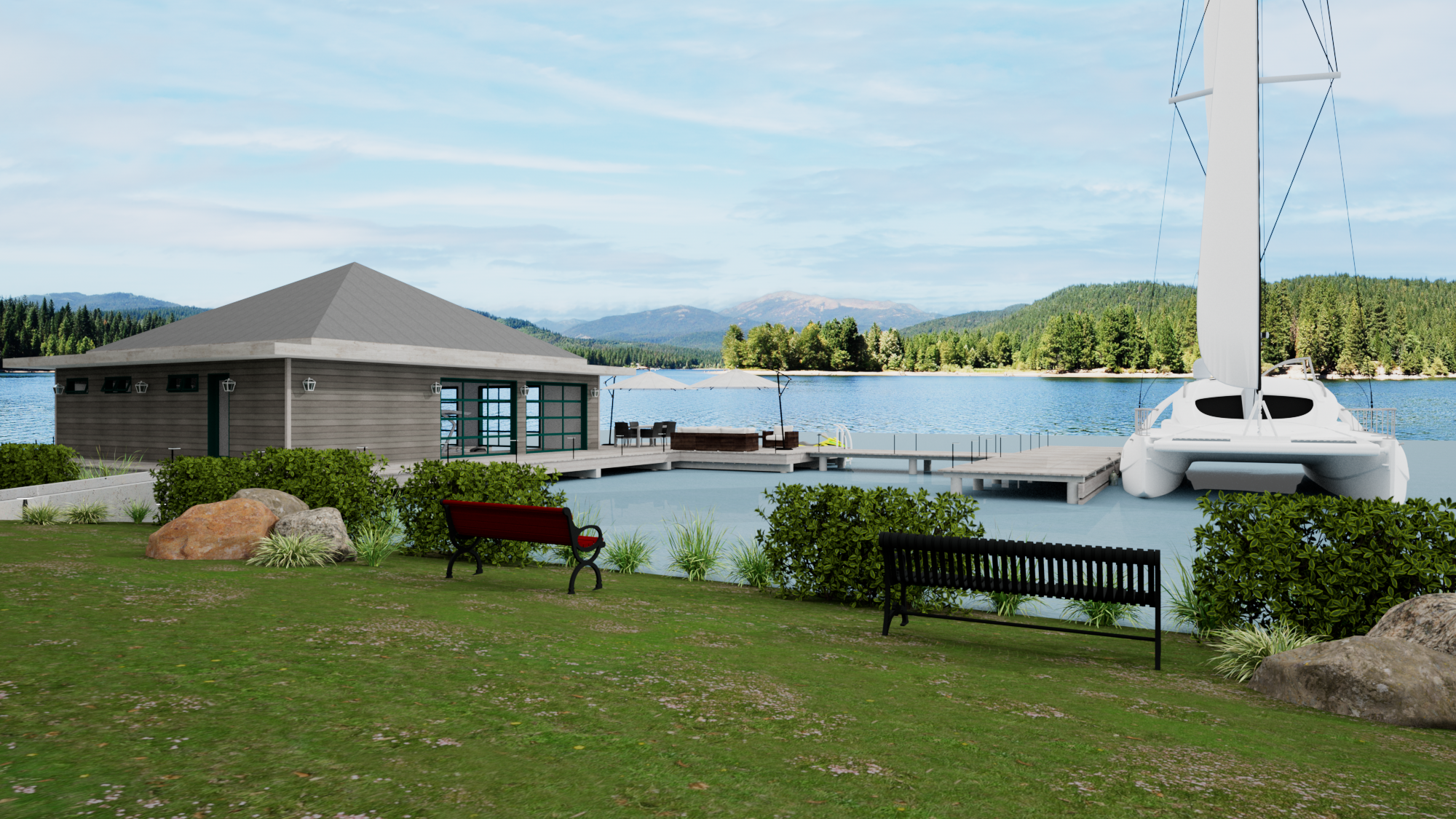 Boathouse exterior with dock furniture at Contemporary Pavilion
