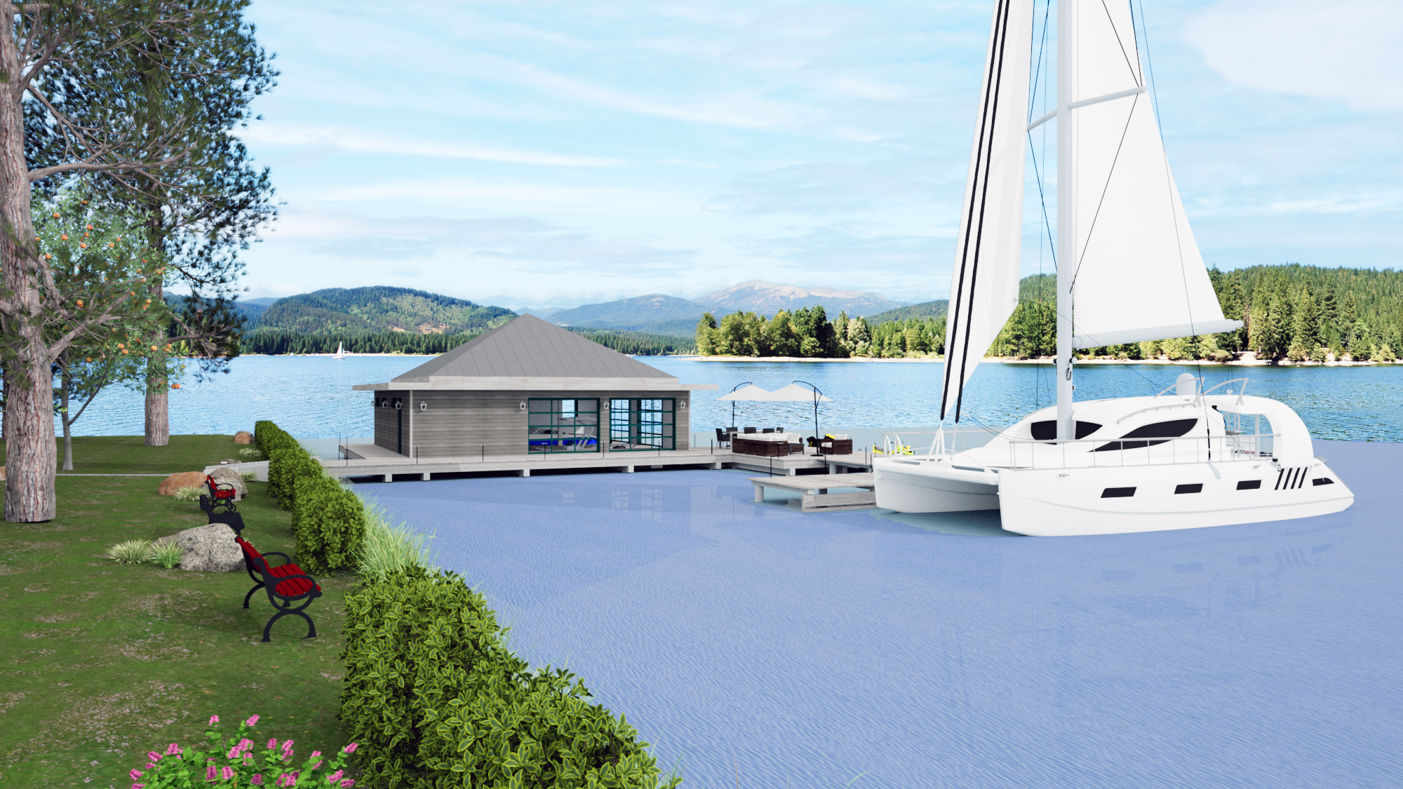 Boathouse exterior with mountain view at Contemporary Pavilion