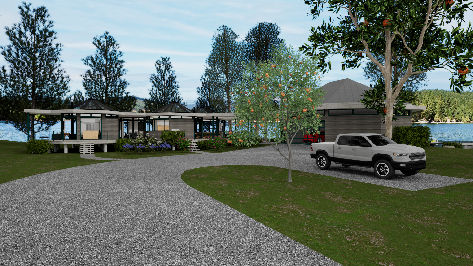 Driveway view of Contemporary Pavilion