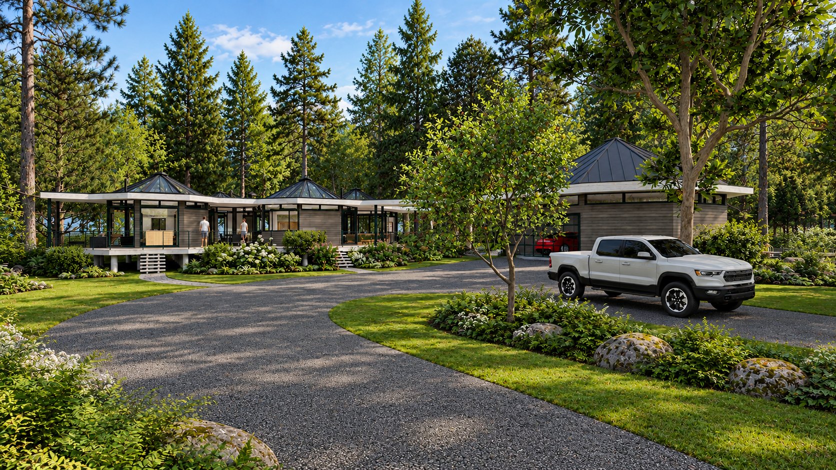 Driveway approach to Contemporary Pavilion