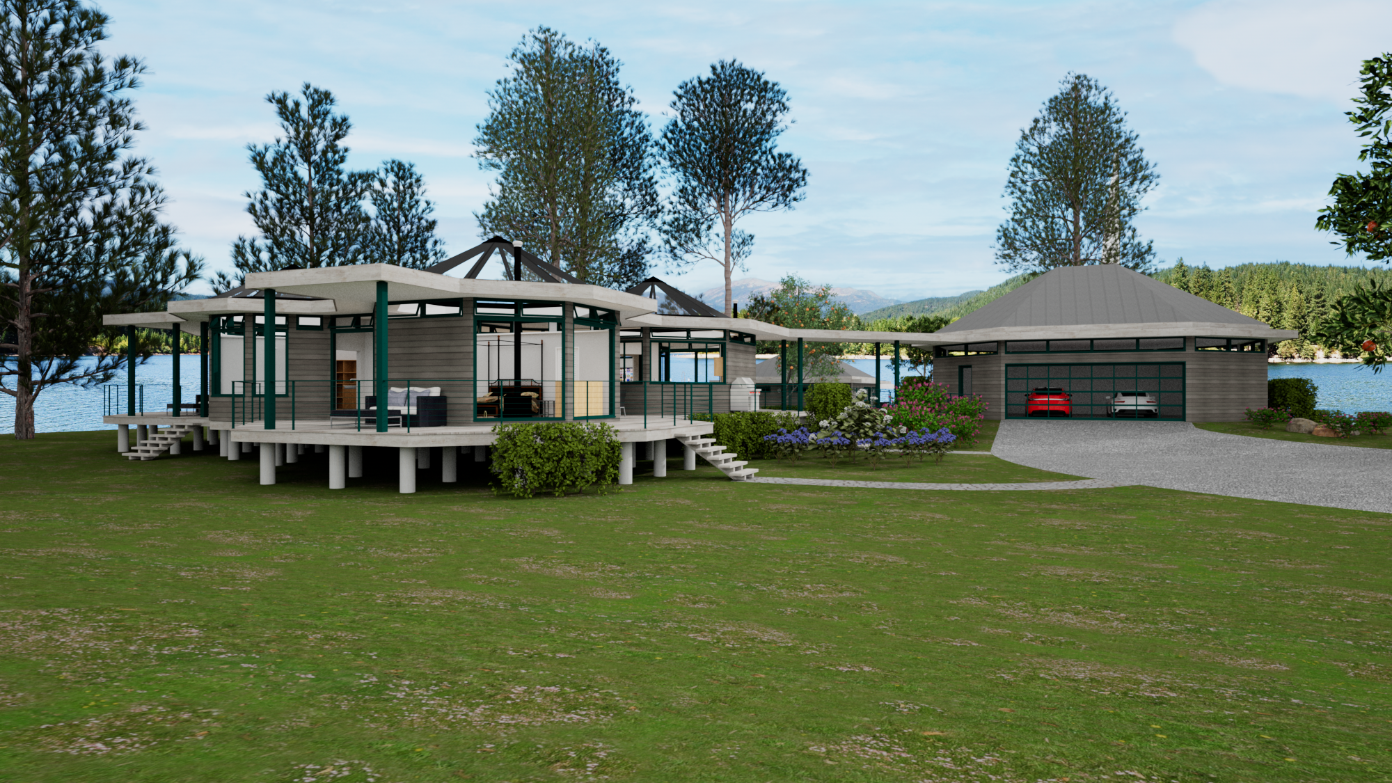Garage and pavilion pod exterior at Contemporary Pavilion