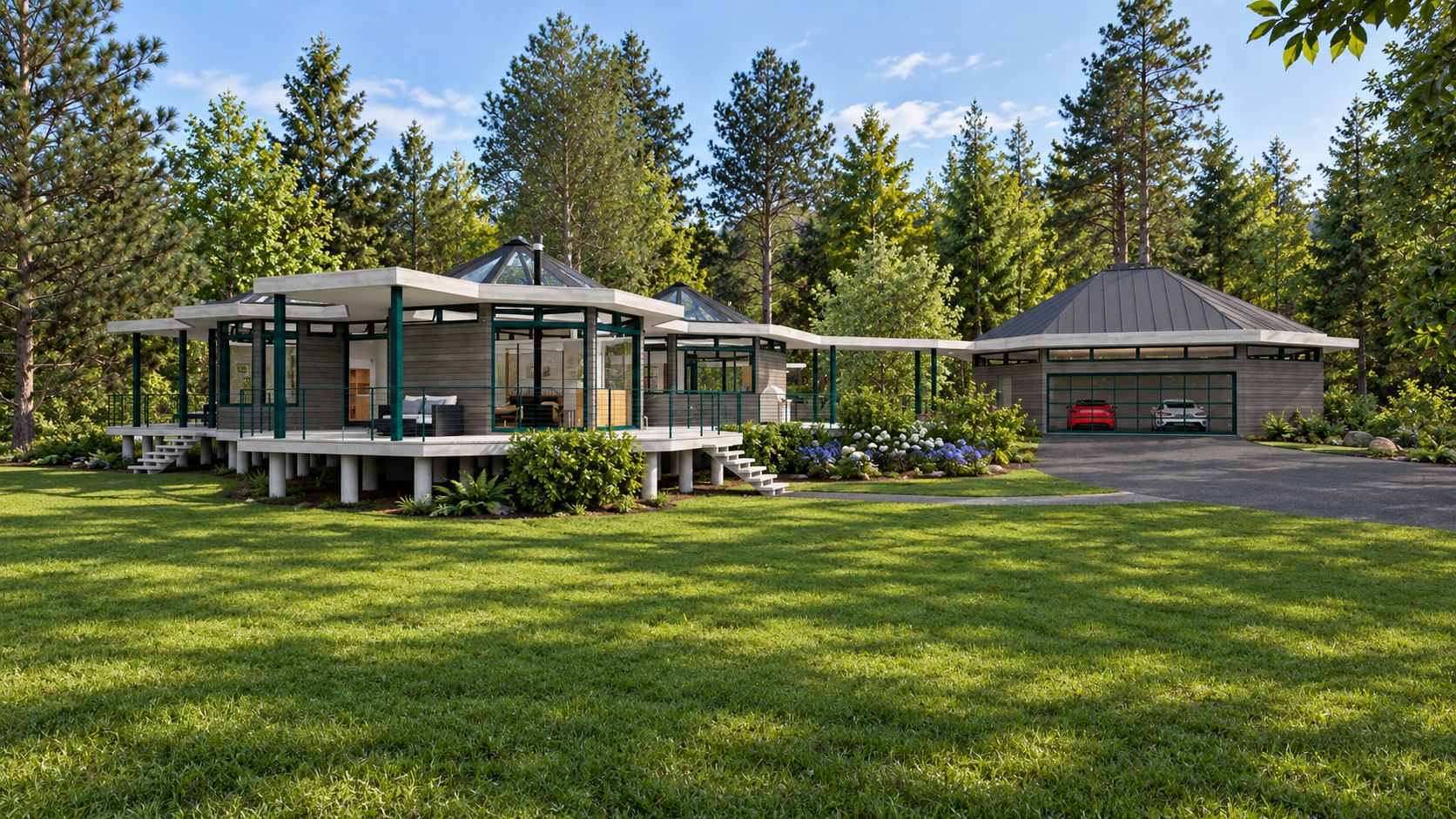 Contemporary Pavilion — pod cluster and detached garage across the lawn beneath tall pines