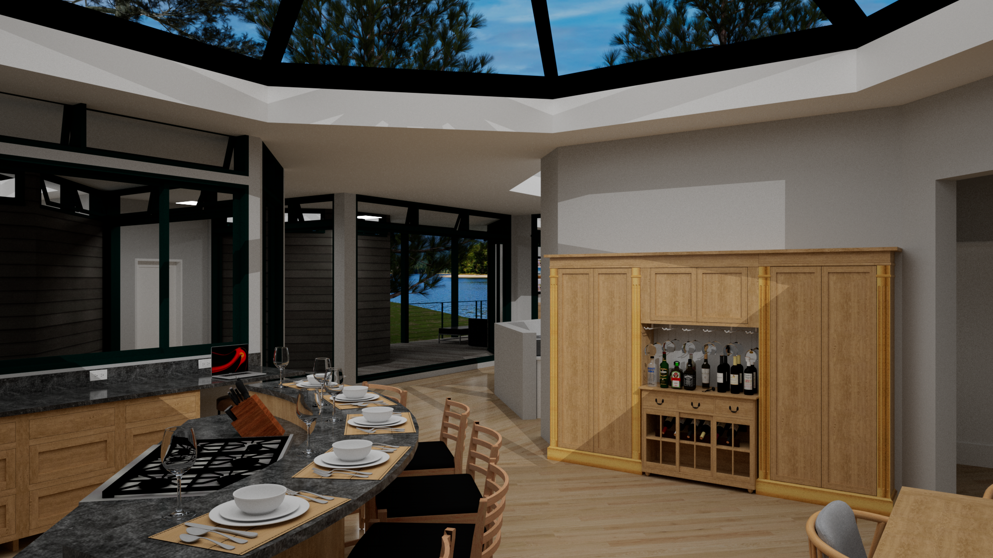 Dining area and wine cabinet at Contemporary Pavilion