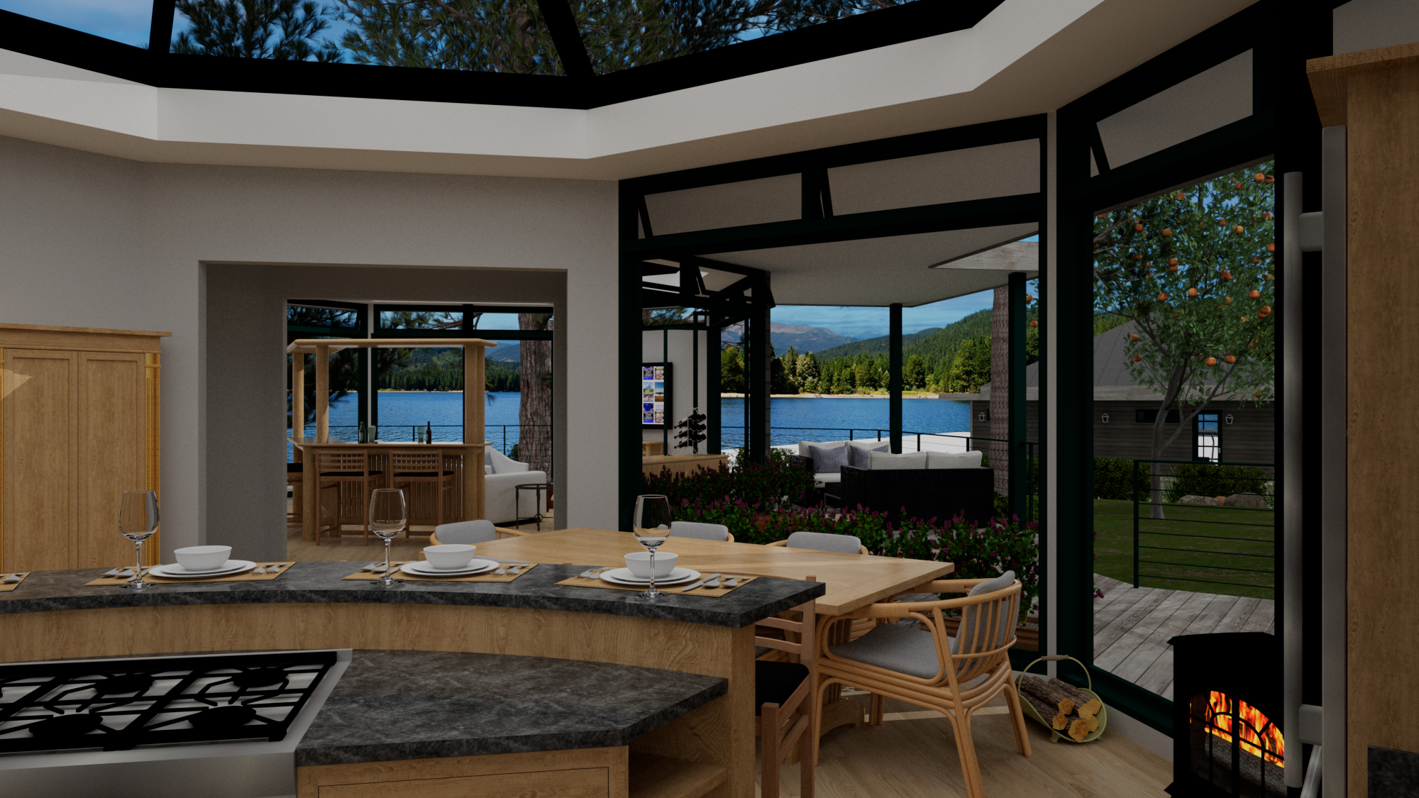 Kitchen cooktop and dining table at Contemporary Pavilion
