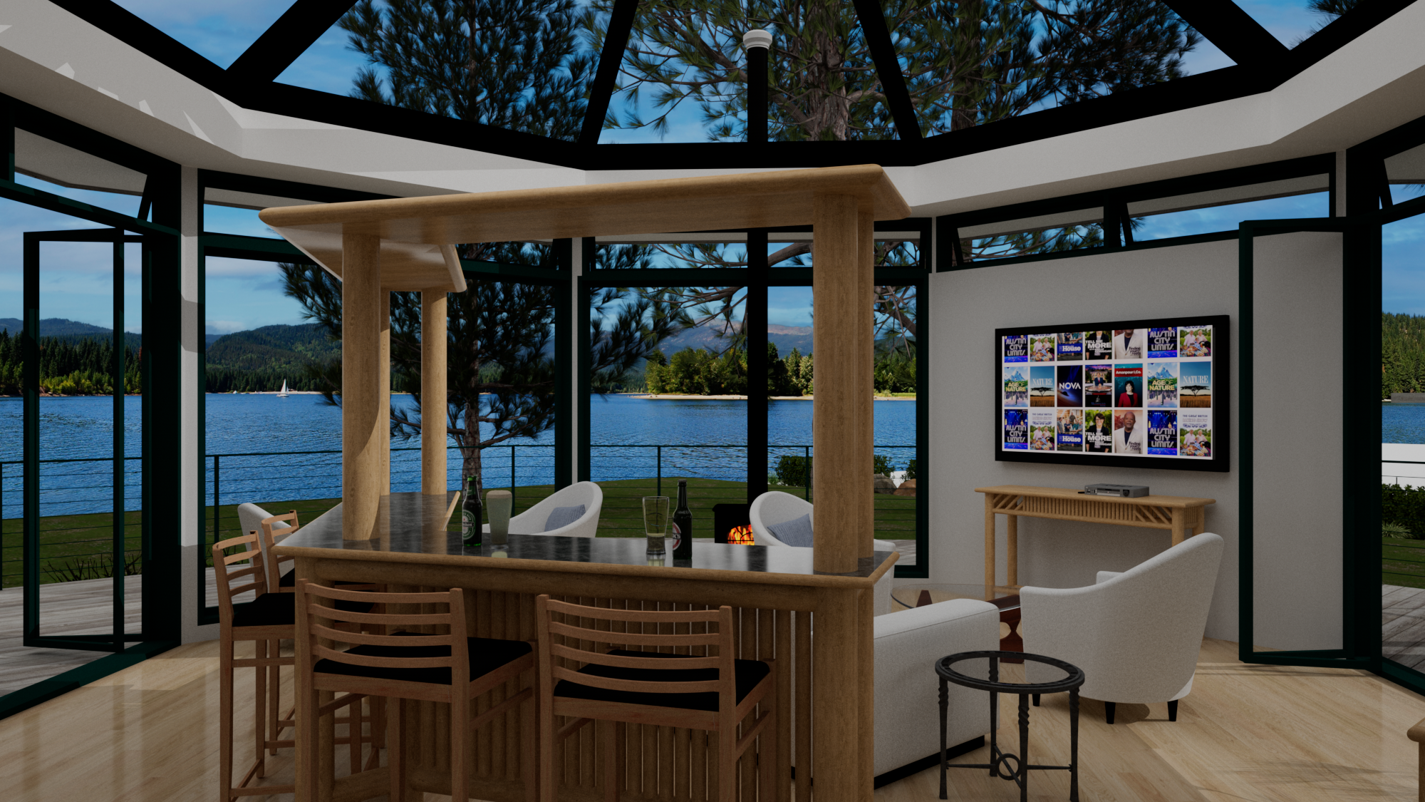 Bar seating and fireplace at Contemporary Pavilion