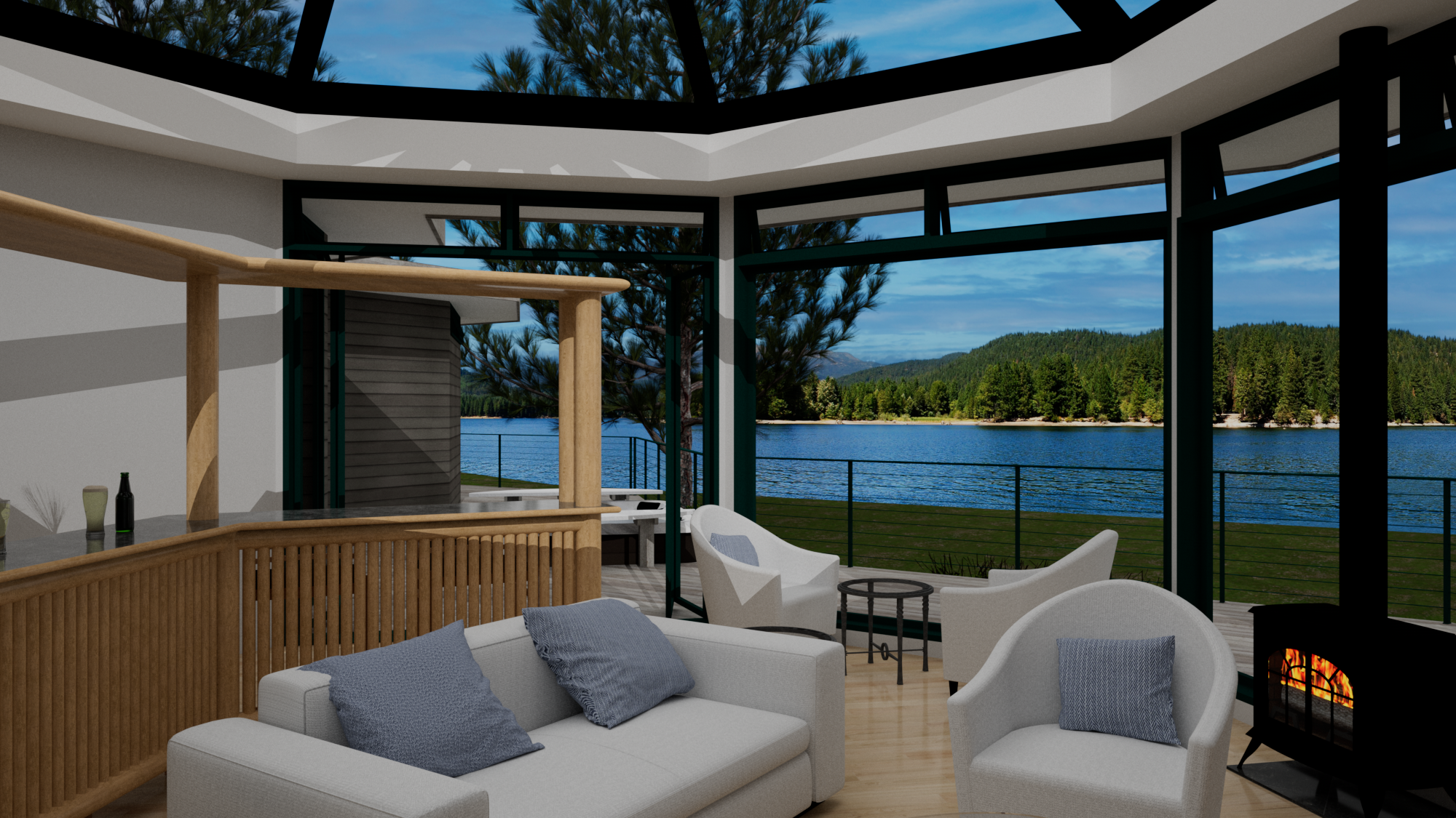 Living room lounge and fireplace at Contemporary Pavilion