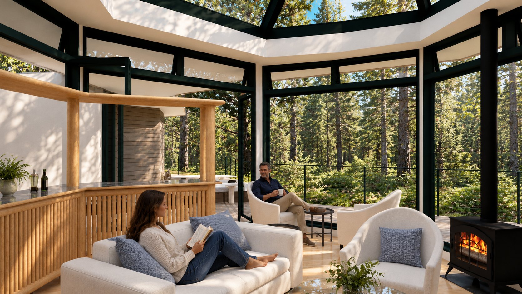 Living room sofa and wood stove at Contemporary Pavilion