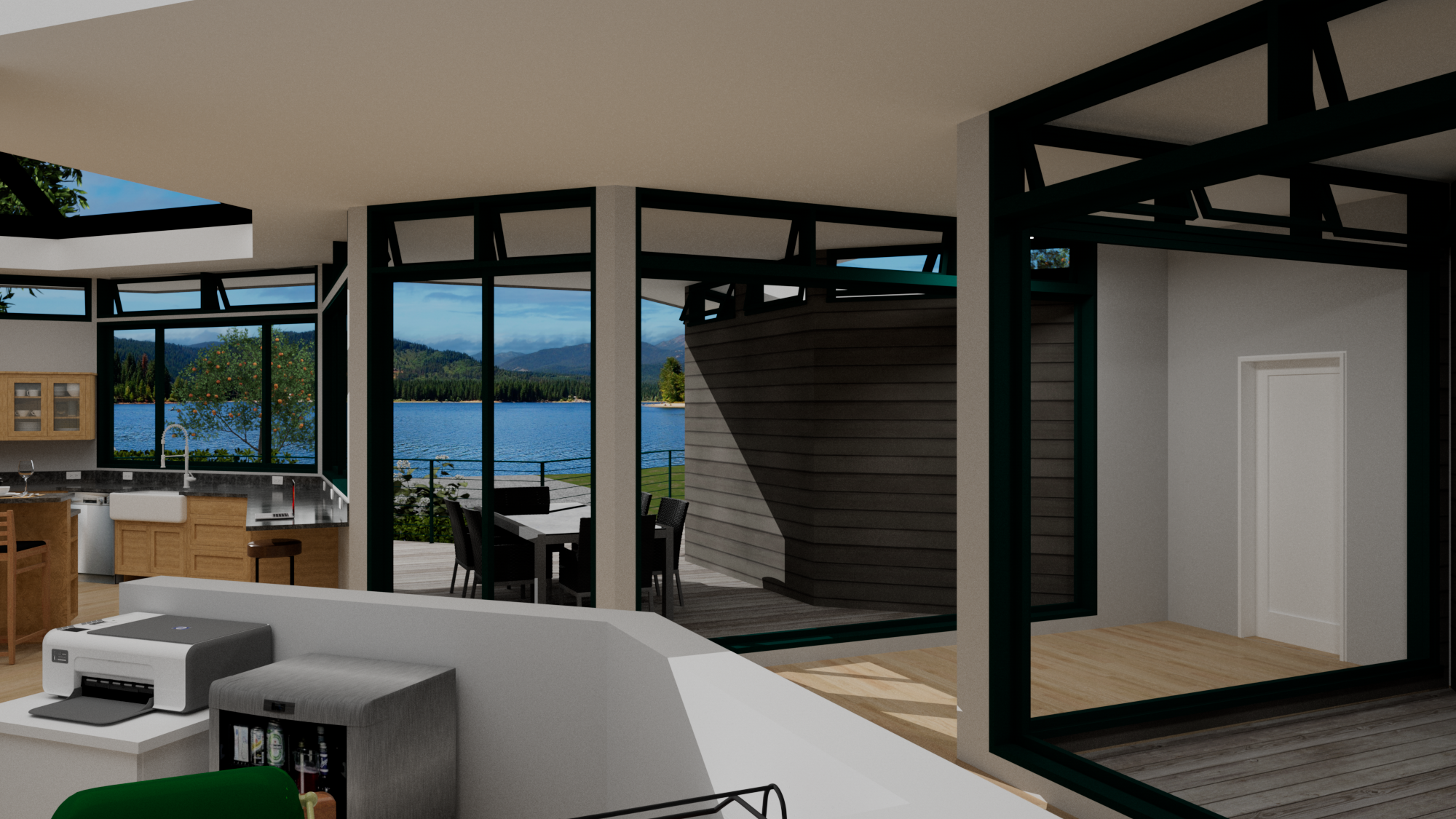 View from home office toward kitchen and exterior dining deck
