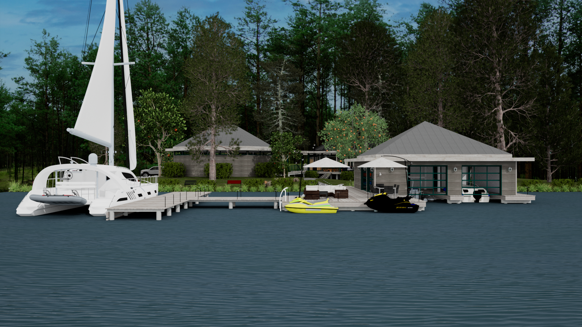 Dusk view of boathouse and dock at Contemporary Pavilion