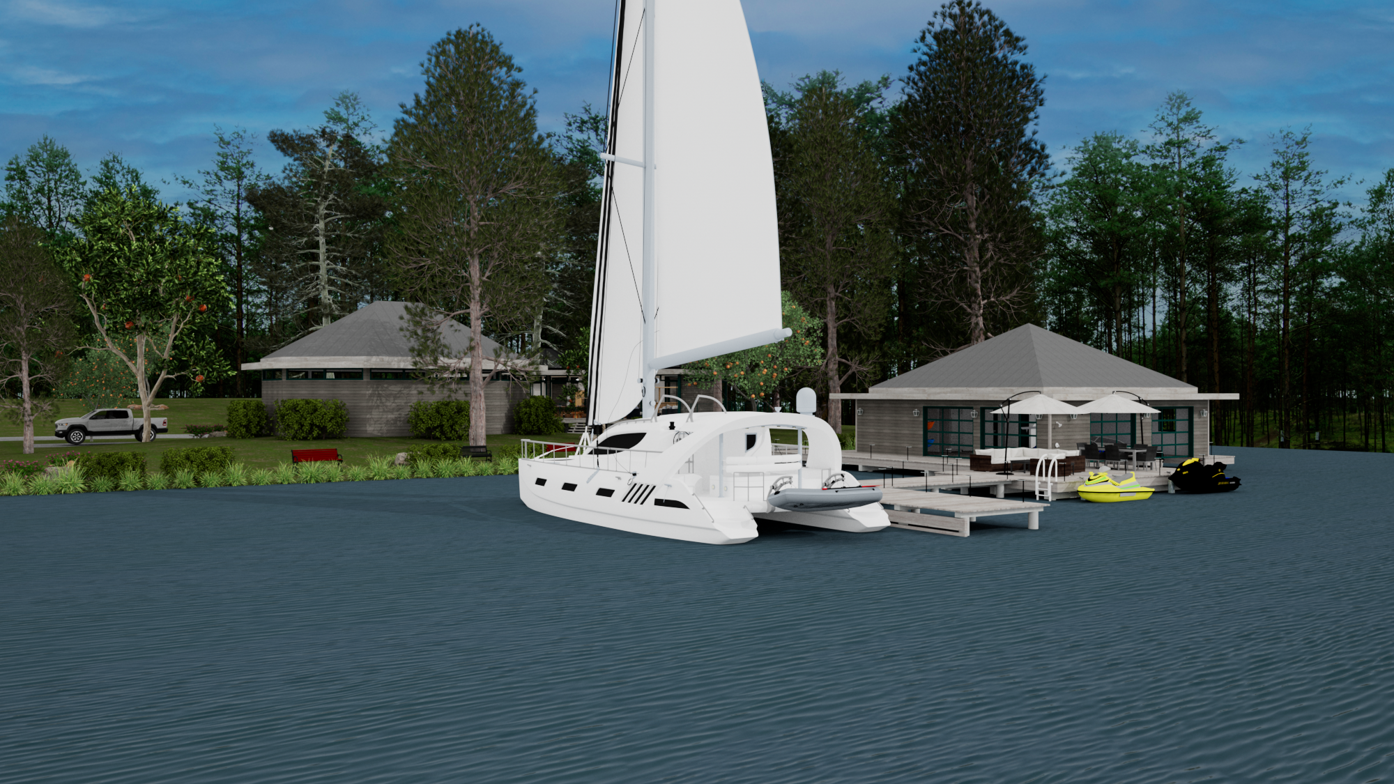 Dusk view of catamaran and shoreline at Contemporary Pavilion