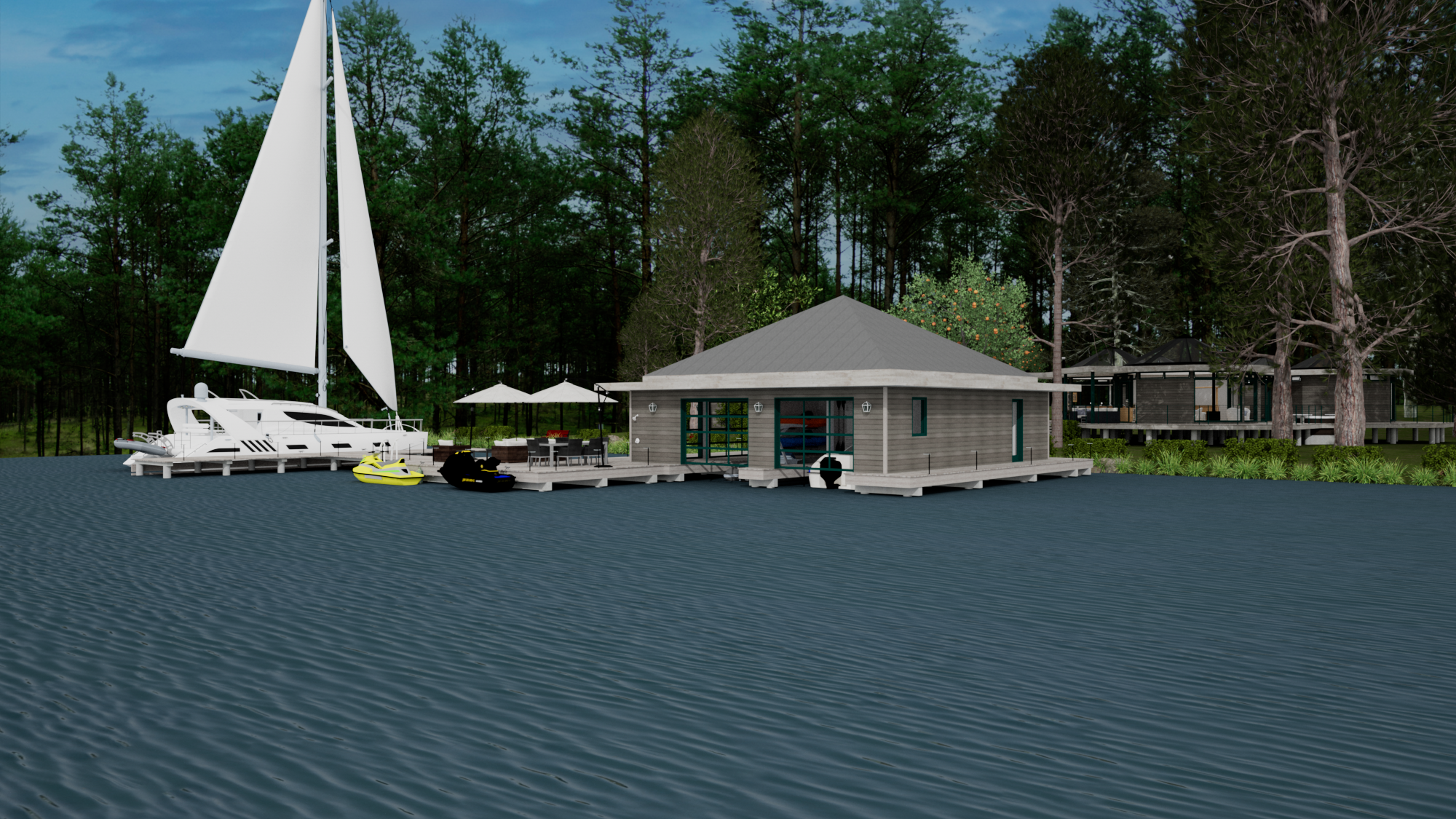 Dusk boathouse view at Contemporary Pavilion