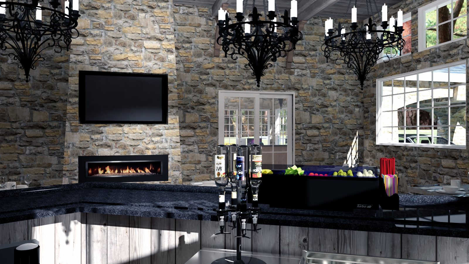 Bar counter with fireplace