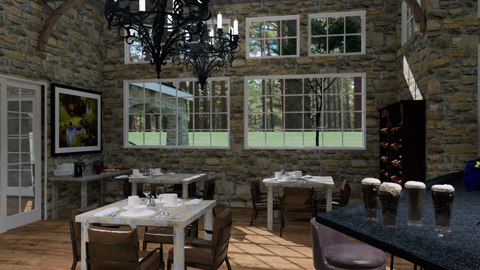 Dining tables under stone wall