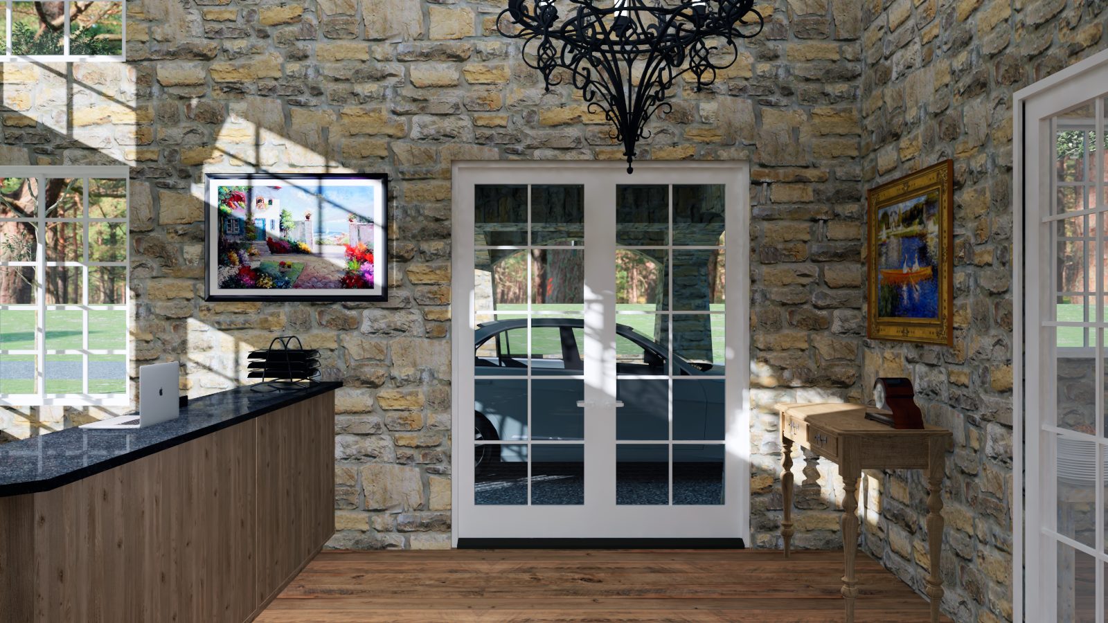 Reception near entry doors