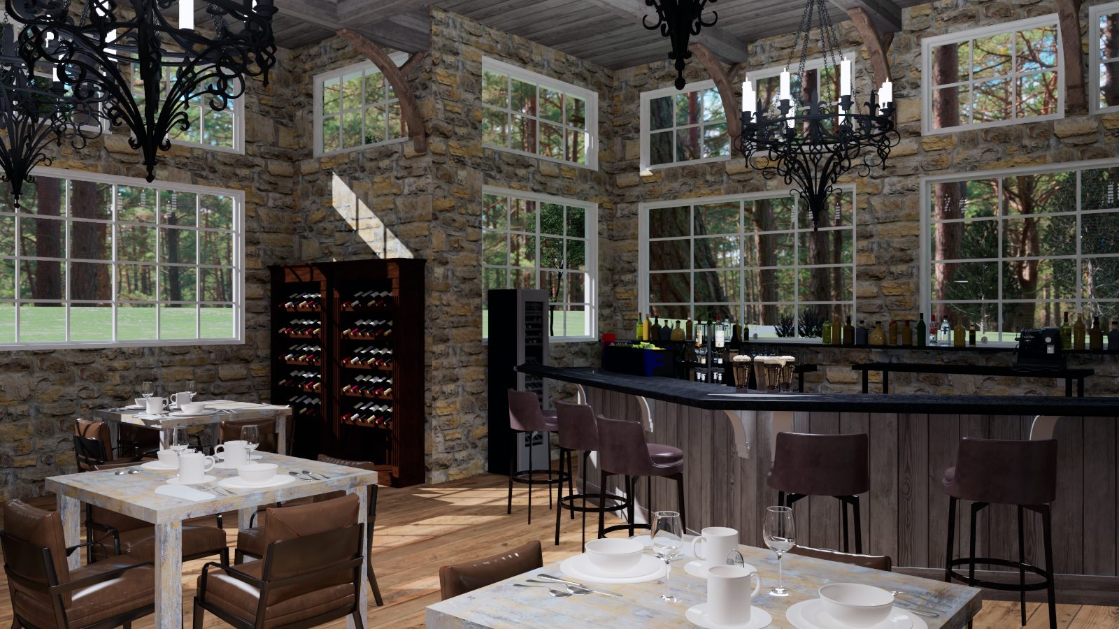 Dining tables with bar beyond