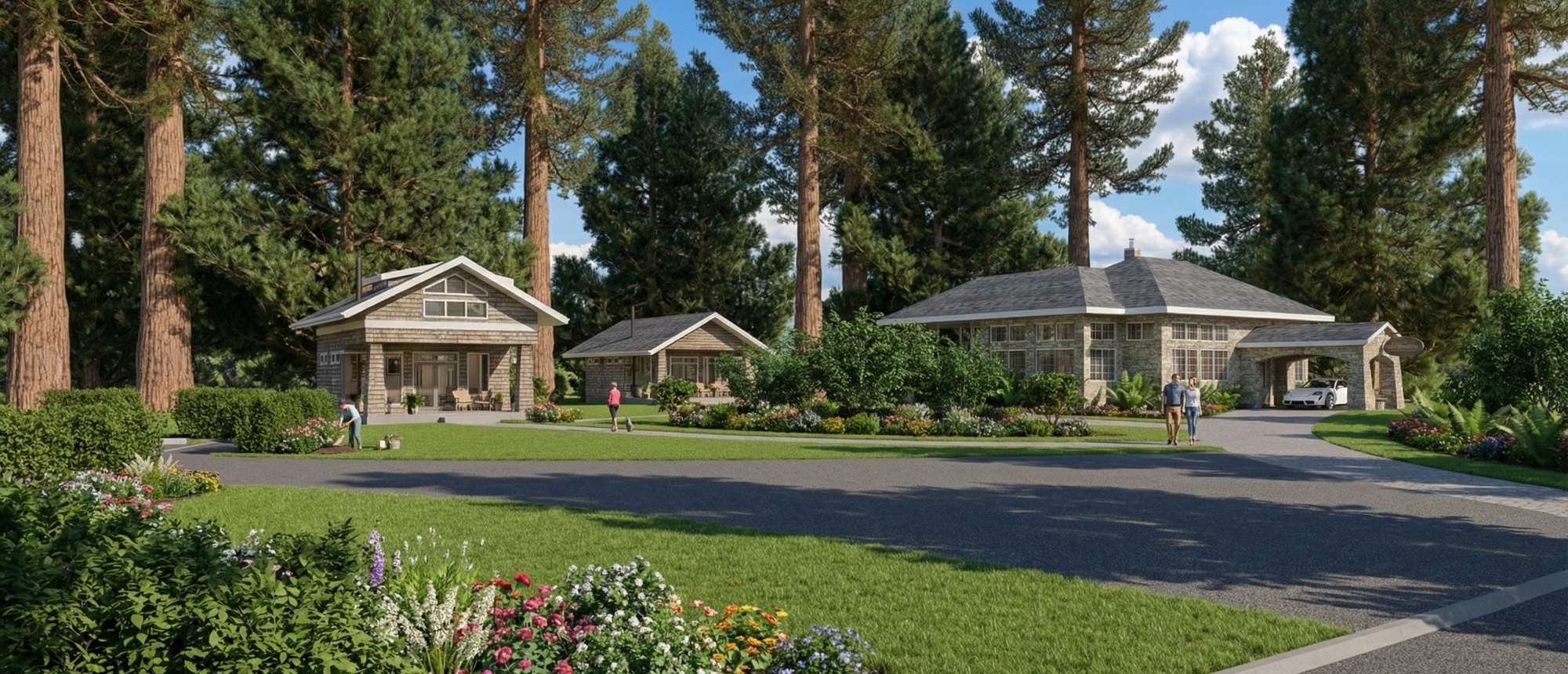 Cottages and lodge from the circular drive