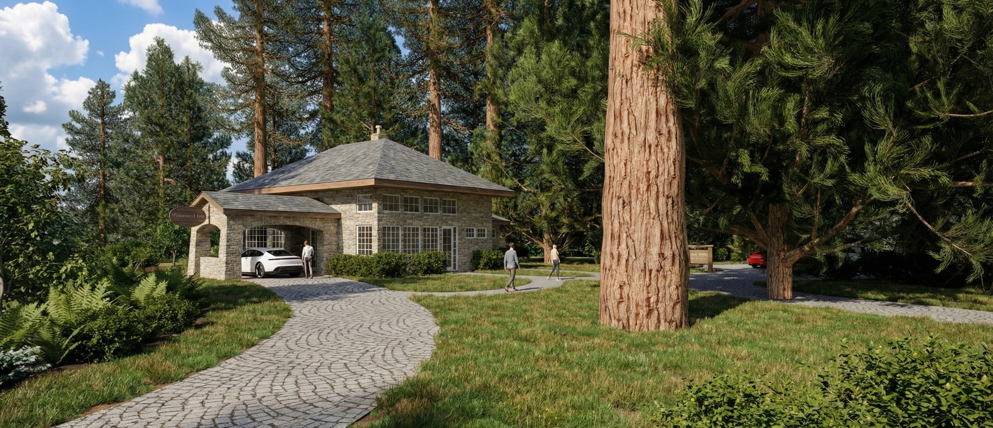 Redwood Inn — stone lodge and porte-cochere beneath tall pines