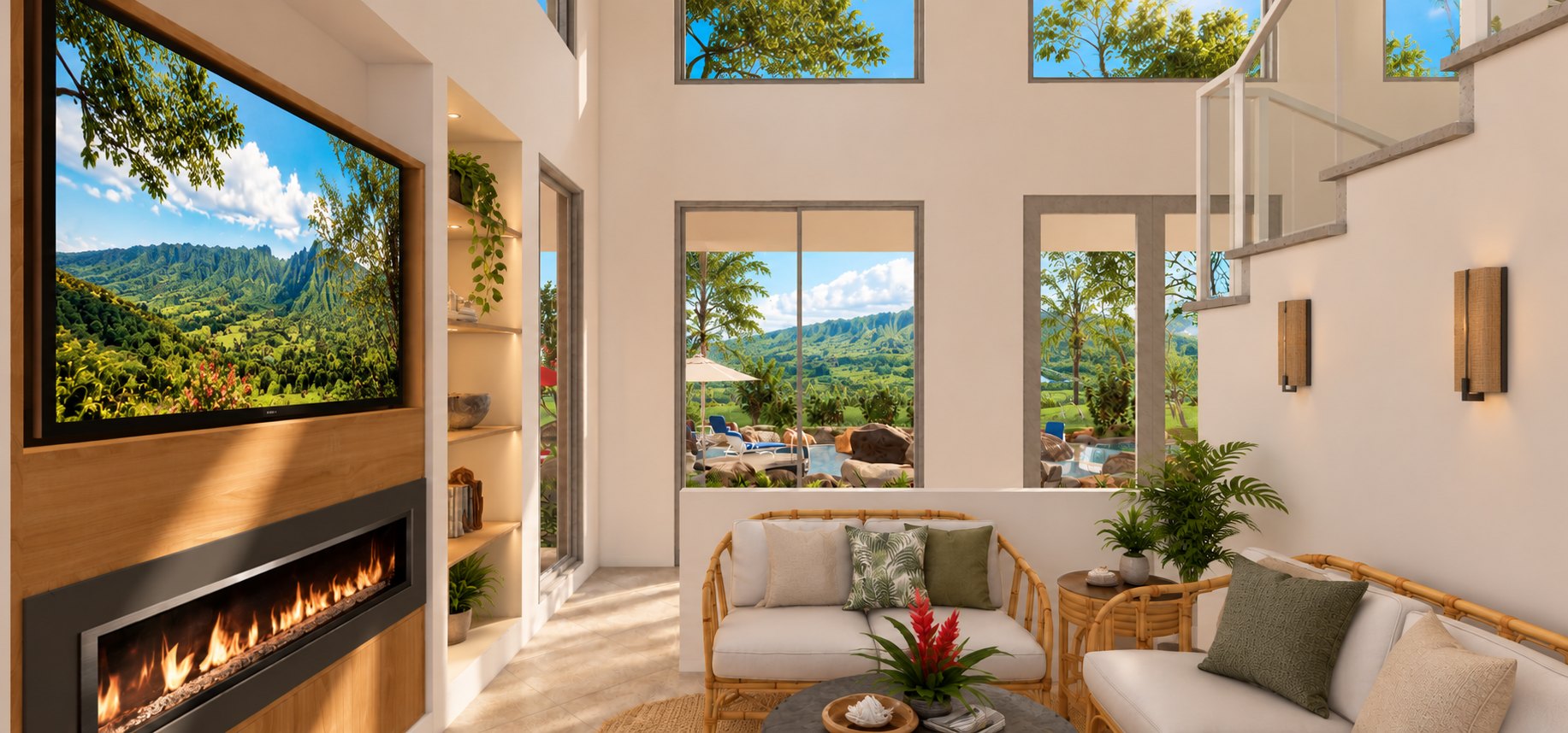 Fireplace lounge and pool view