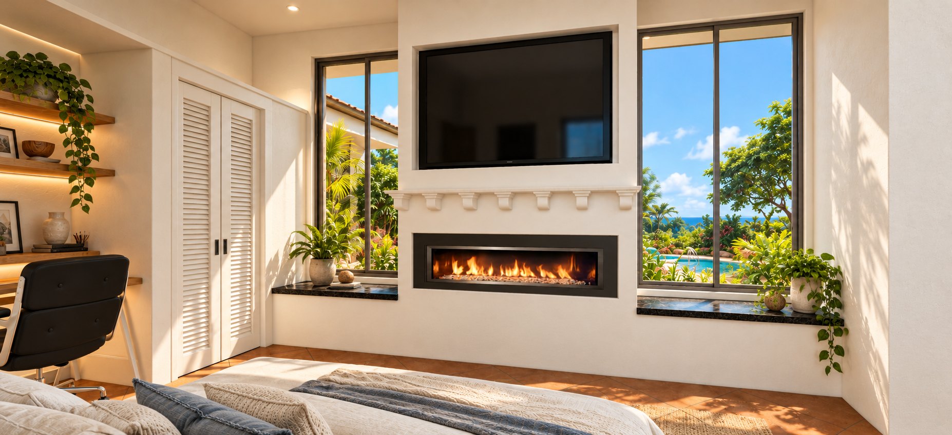 Ground-floor bedroom with fireplace and garden windows