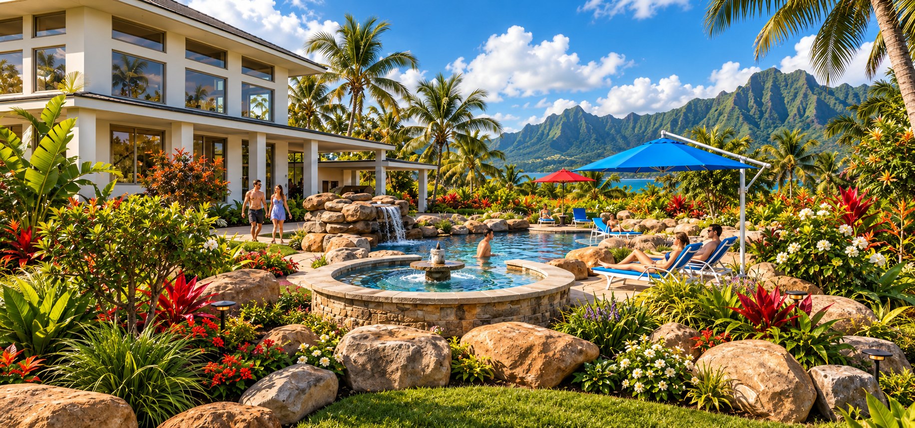 Spa fountain and pool terrace
