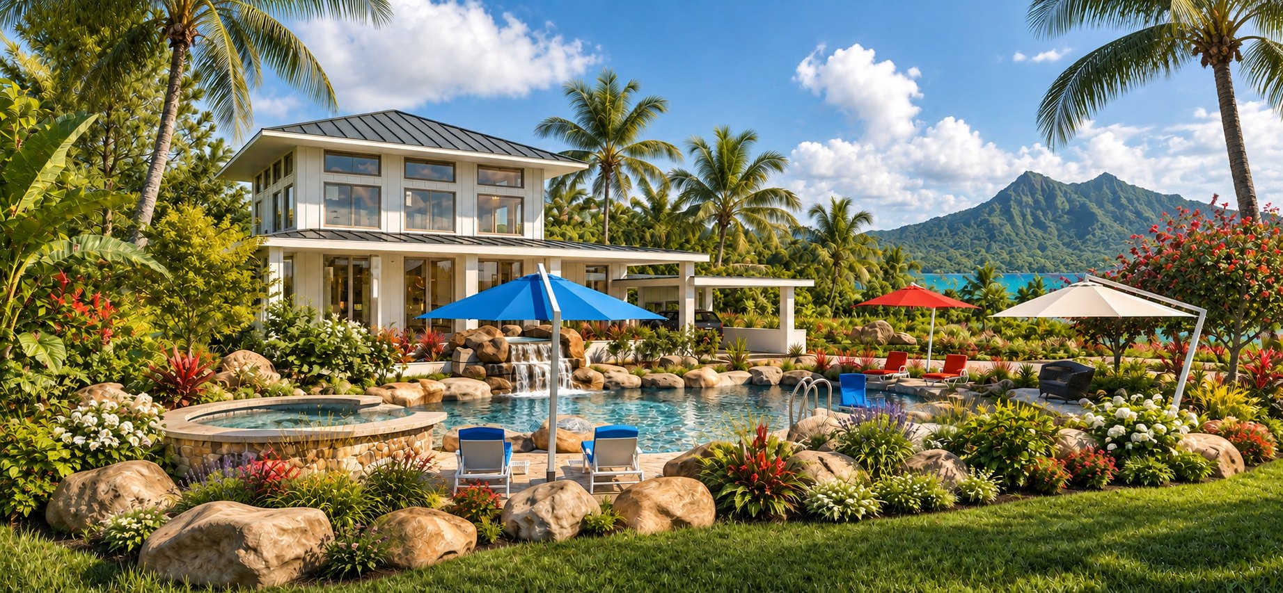 Fare Mahana — boulder-edged pool with rock waterfall and raised stone spa
