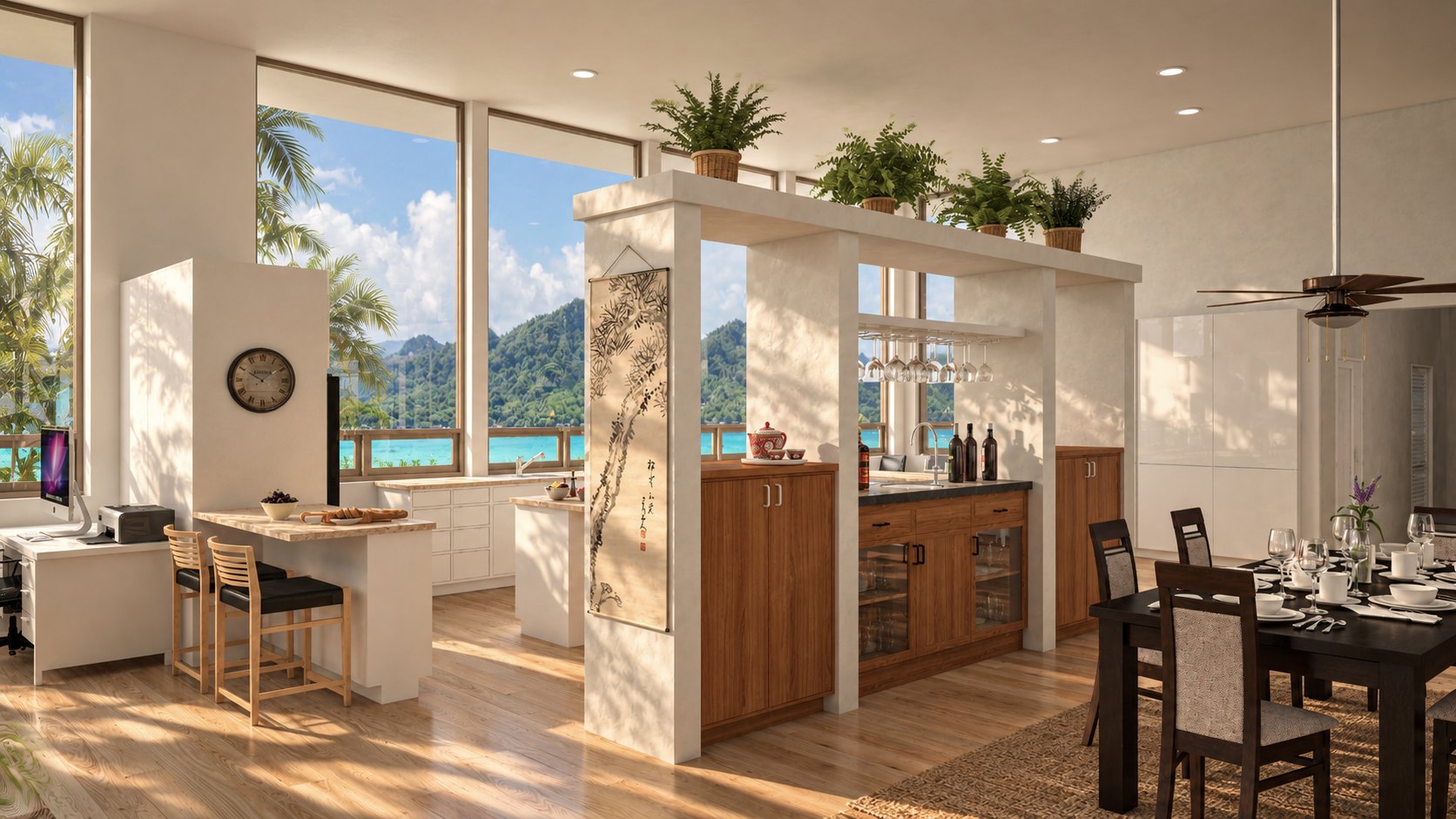 Fare Motu dining table, wet bar and office nook