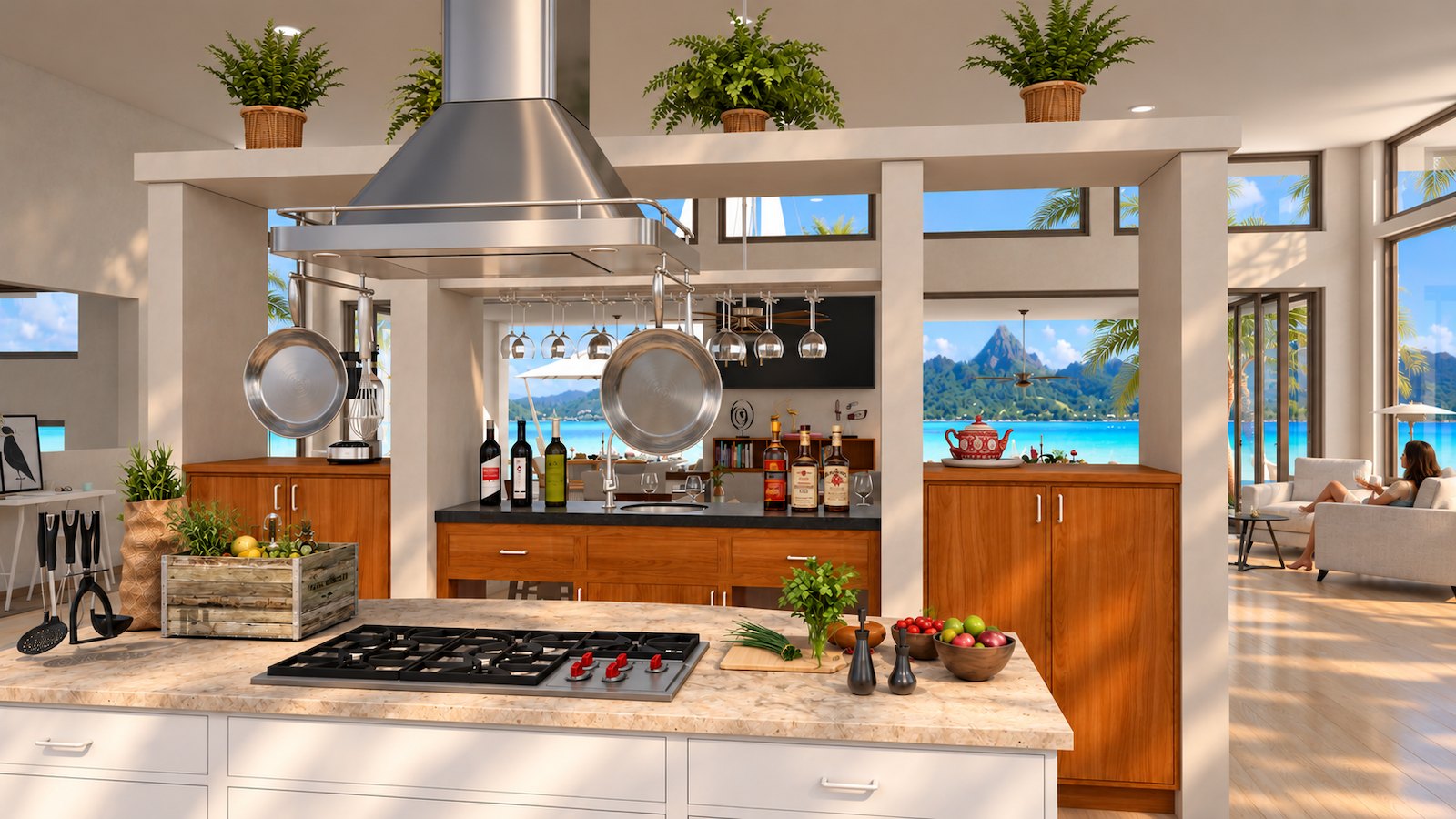 Fare Motu kitchen island and cooktop