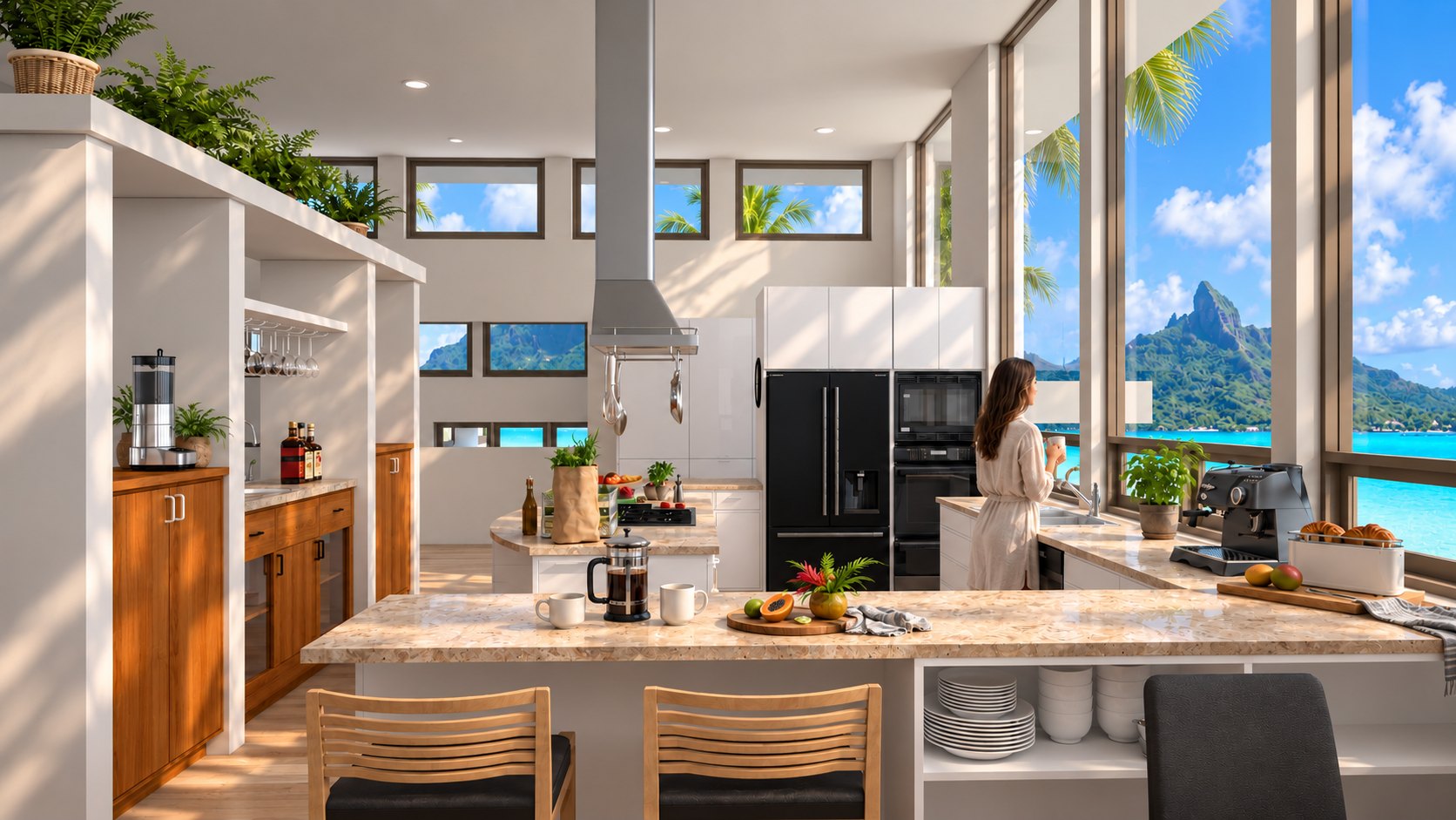 Fare Motu kitchen and breakfast counter with mountain view
