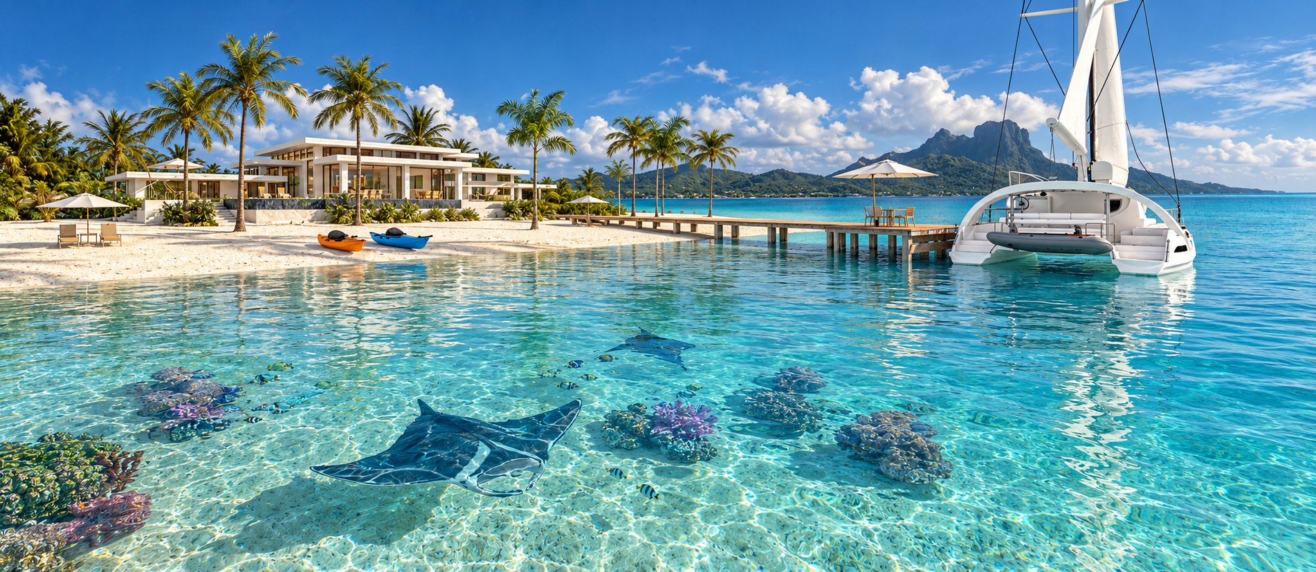 Fare Motu — lagoon house among the palms, manta rays over the coral and a catamaran at the dock