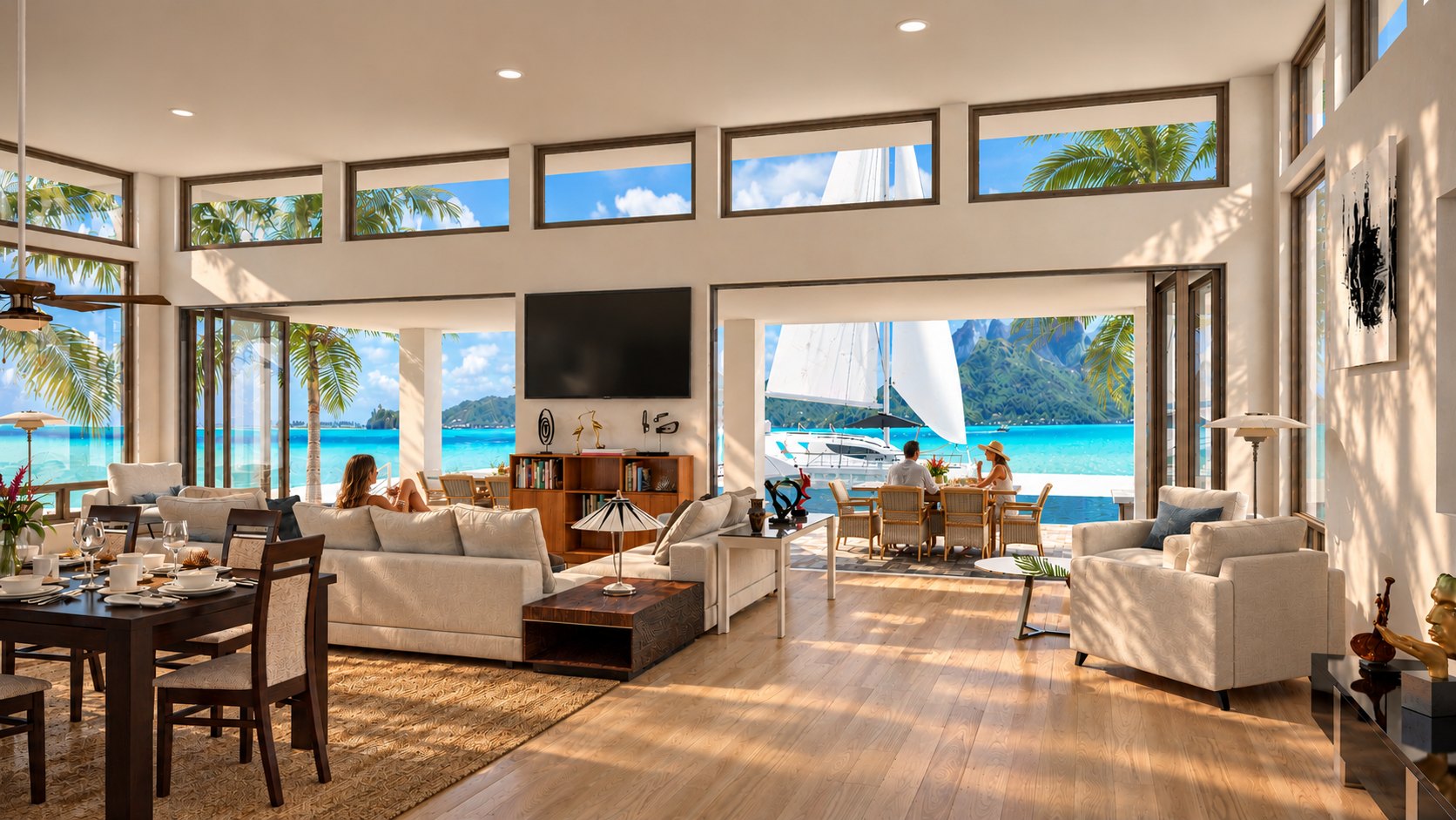 Fare Motu living room open to the lanai