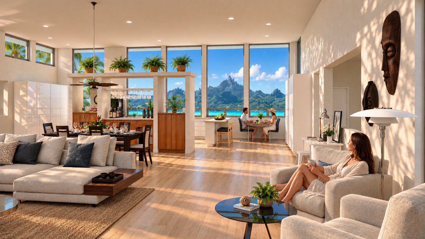 Fare Motu living room with carvings and mountain view