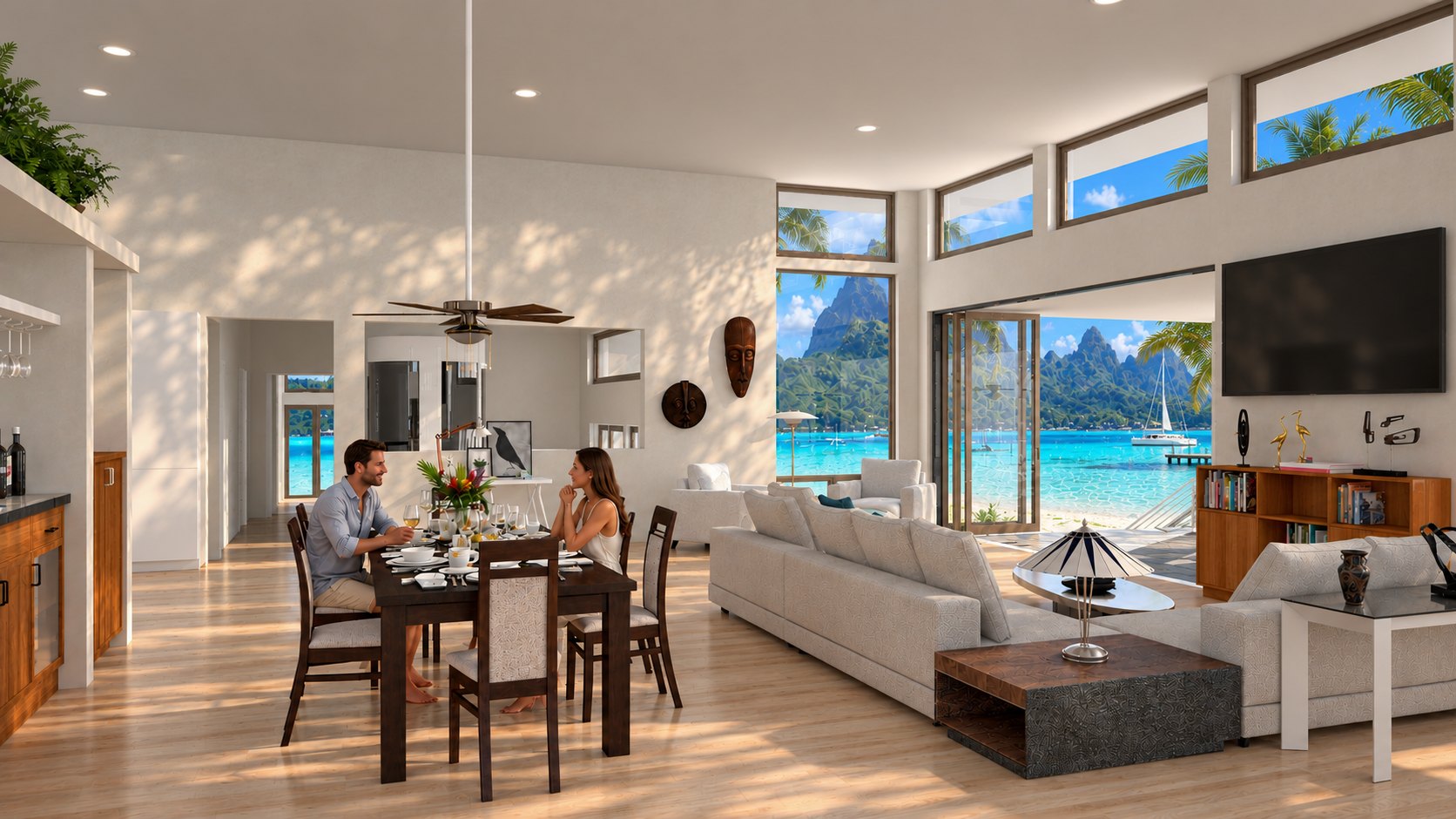 Fare Motu dining table and living room