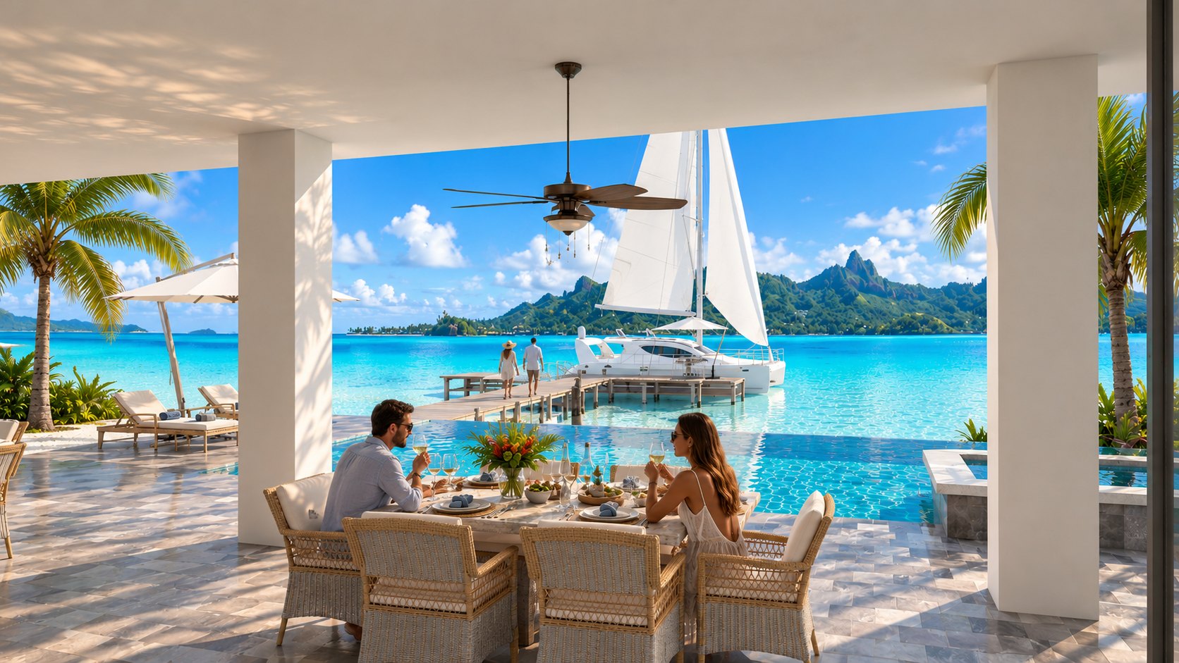 Fare Motu covered lanai and infinity pool with lagoon view