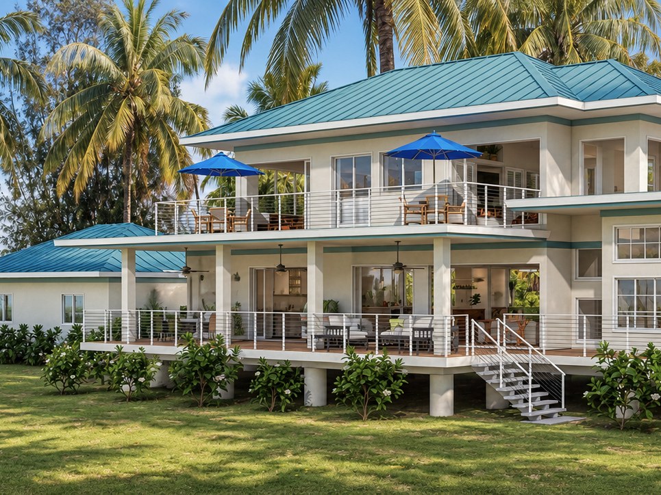 Fare Tiare — white plantation house under teal hip roofs among the coconut palms