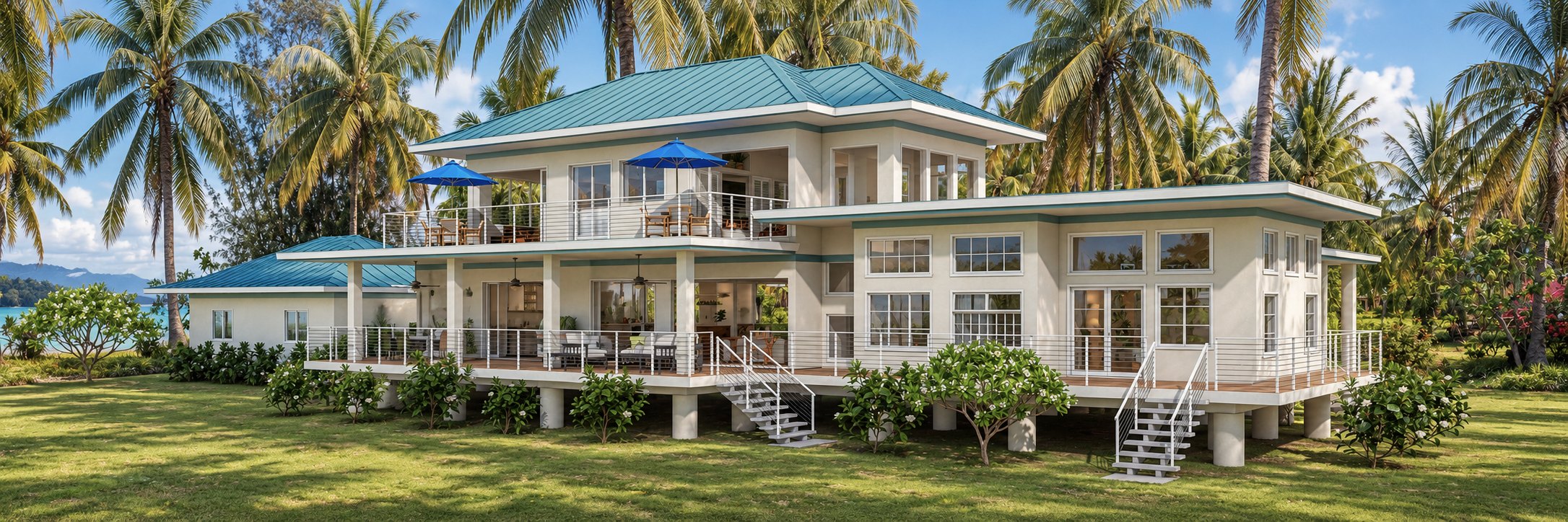Fare Tiare front view among the coconut palms