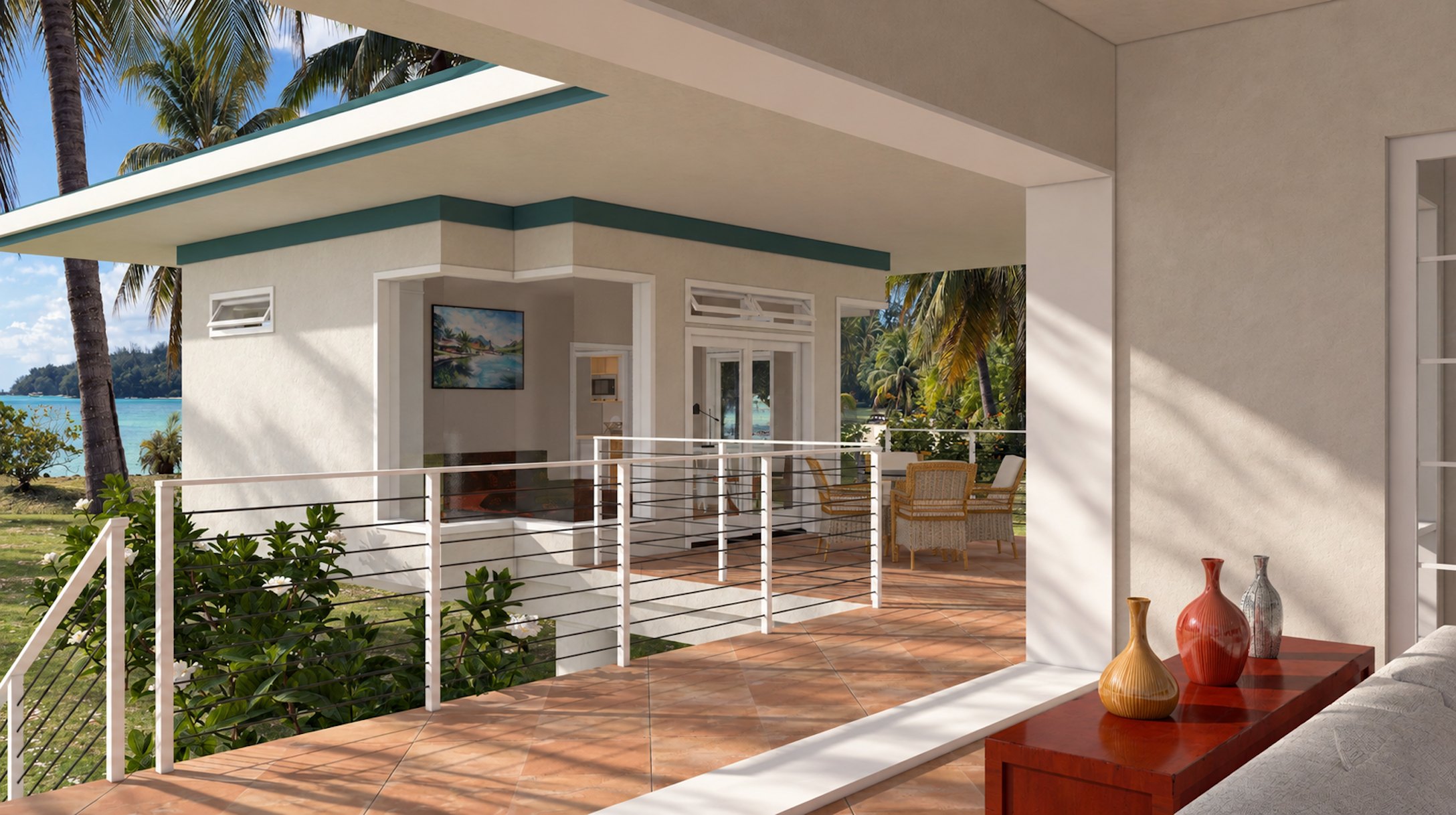 Fare Tiare guest bungalow across the deck