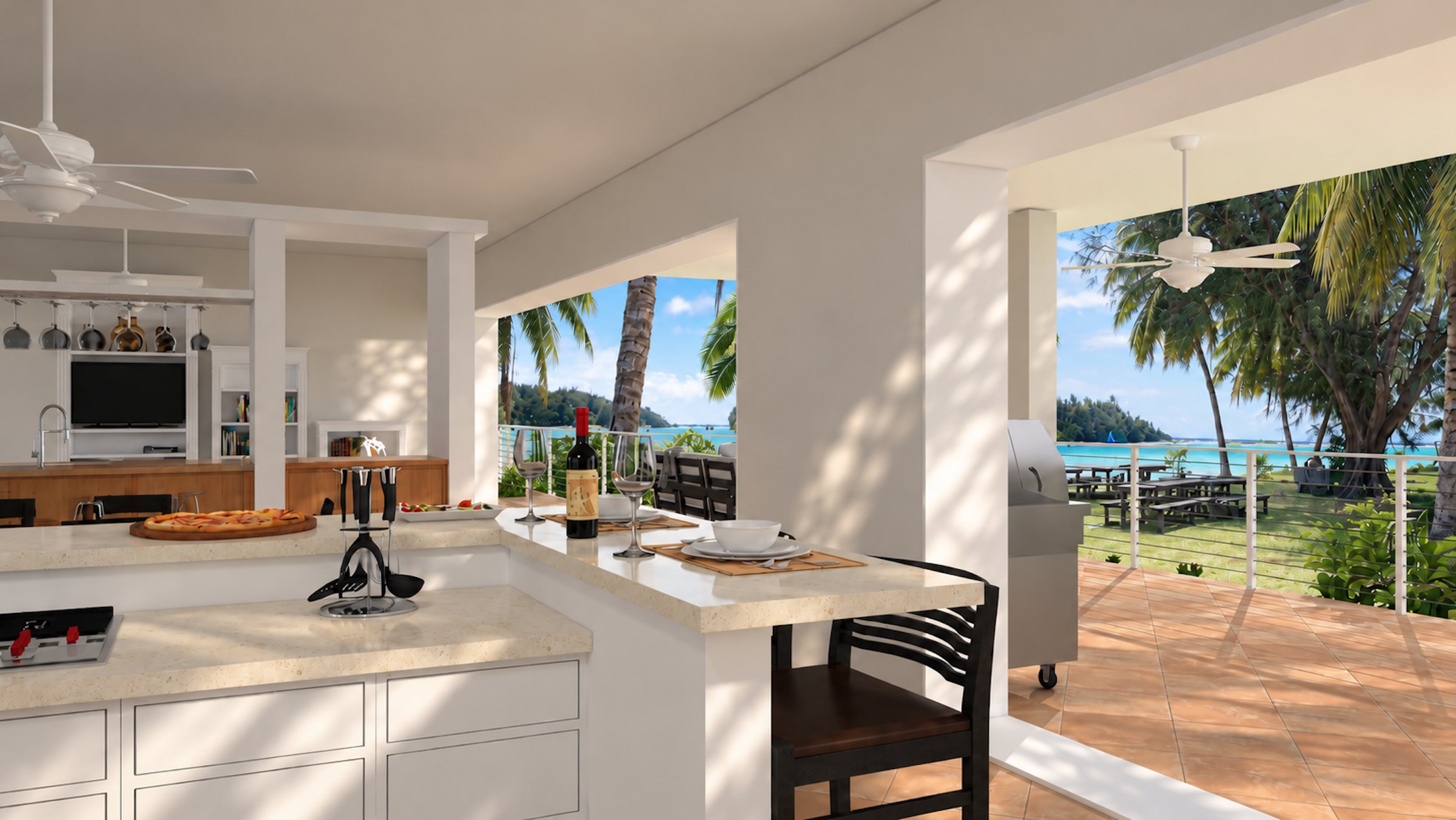 Fare Tiare kitchen open to the lanai