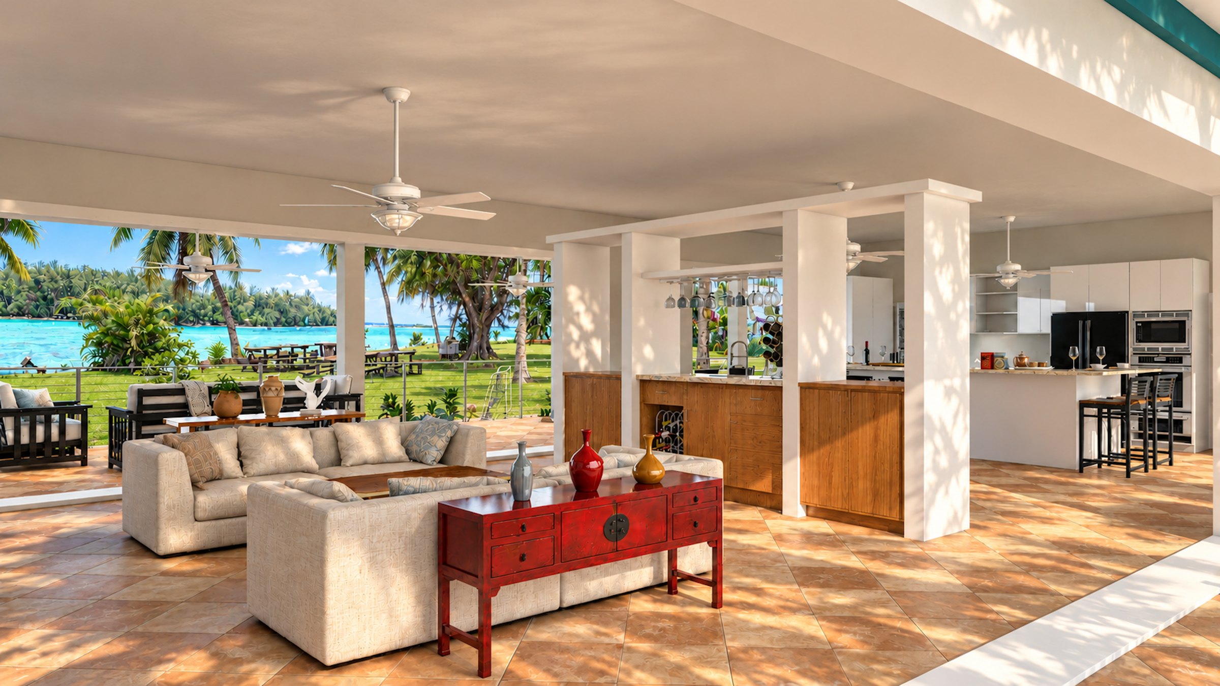 Fare Tiare living area toward the kitchen