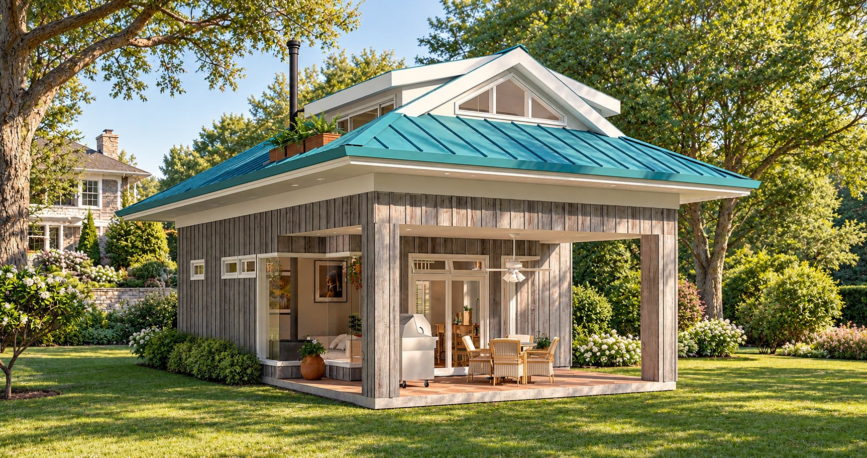 Garden Cottage — board-and-batten guest cottage with a teal roof and covered porch