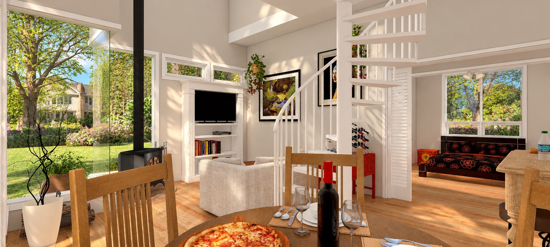 Garden Cottage living area with wood stove and spiral stair