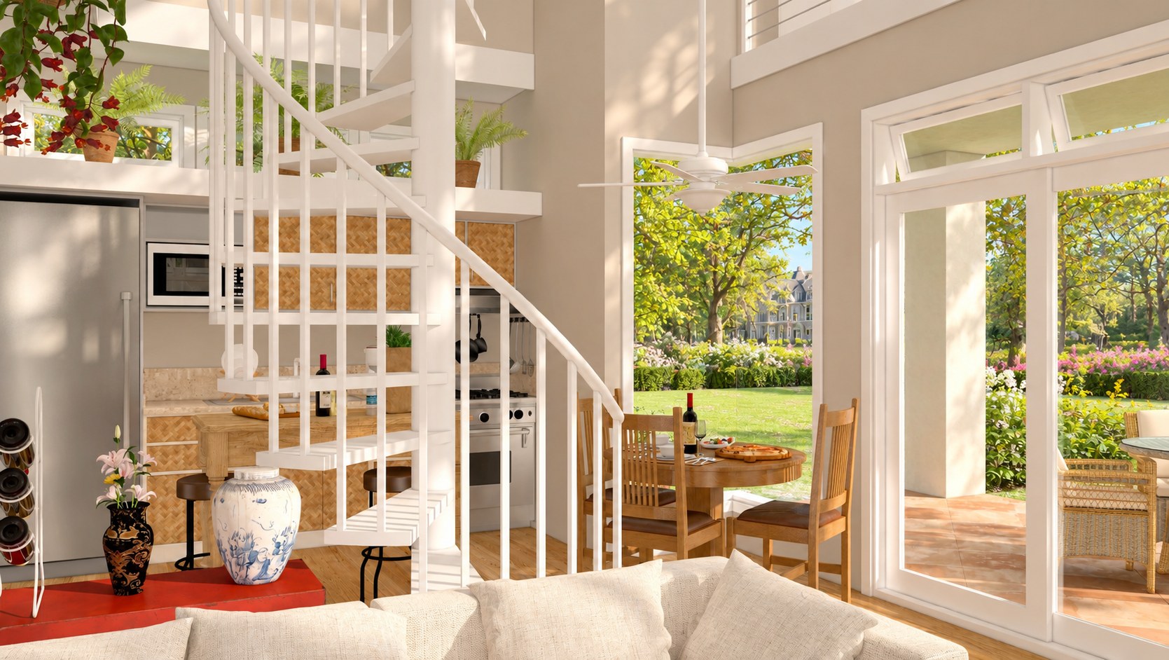 Garden Cottage living area toward dining and the porch