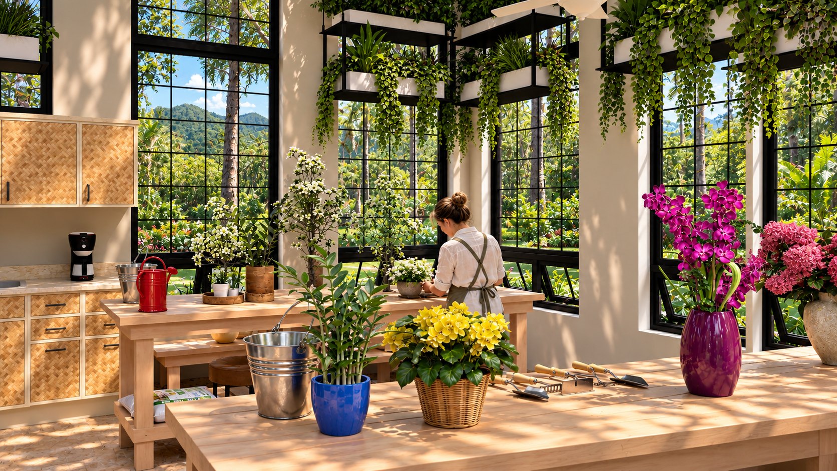 Cut flowers and garden tools on the work table