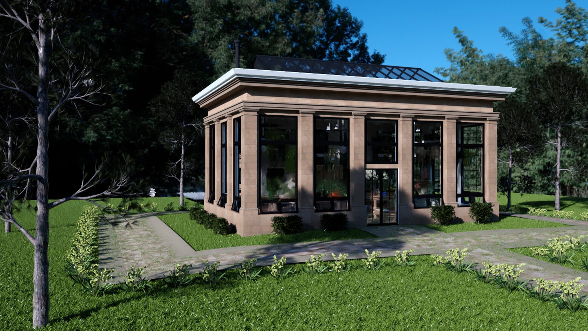 GreenHouse — stone conservatory exterior with colonnaded glass façade