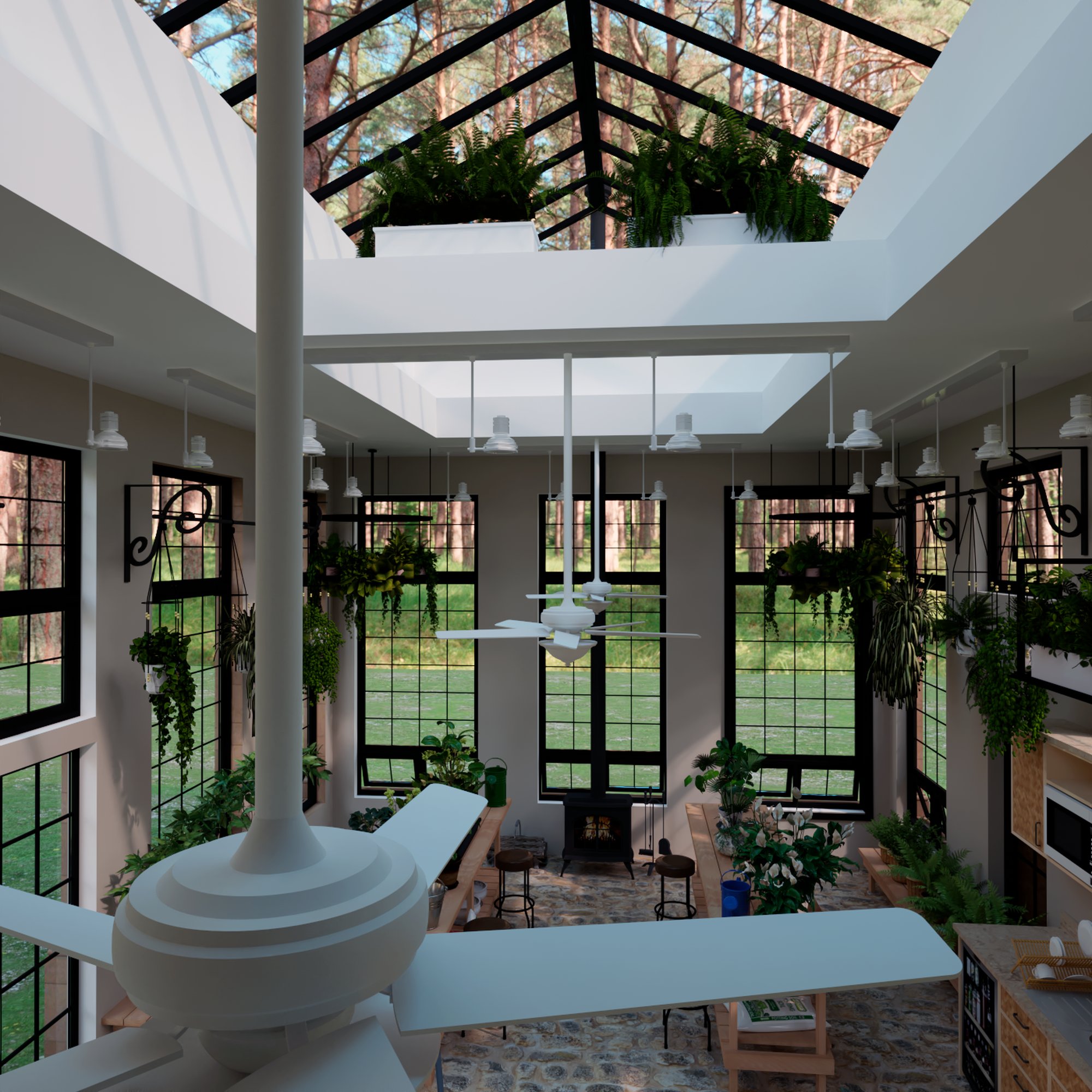 High angle view of GreenHouse interior and vaulted roof
