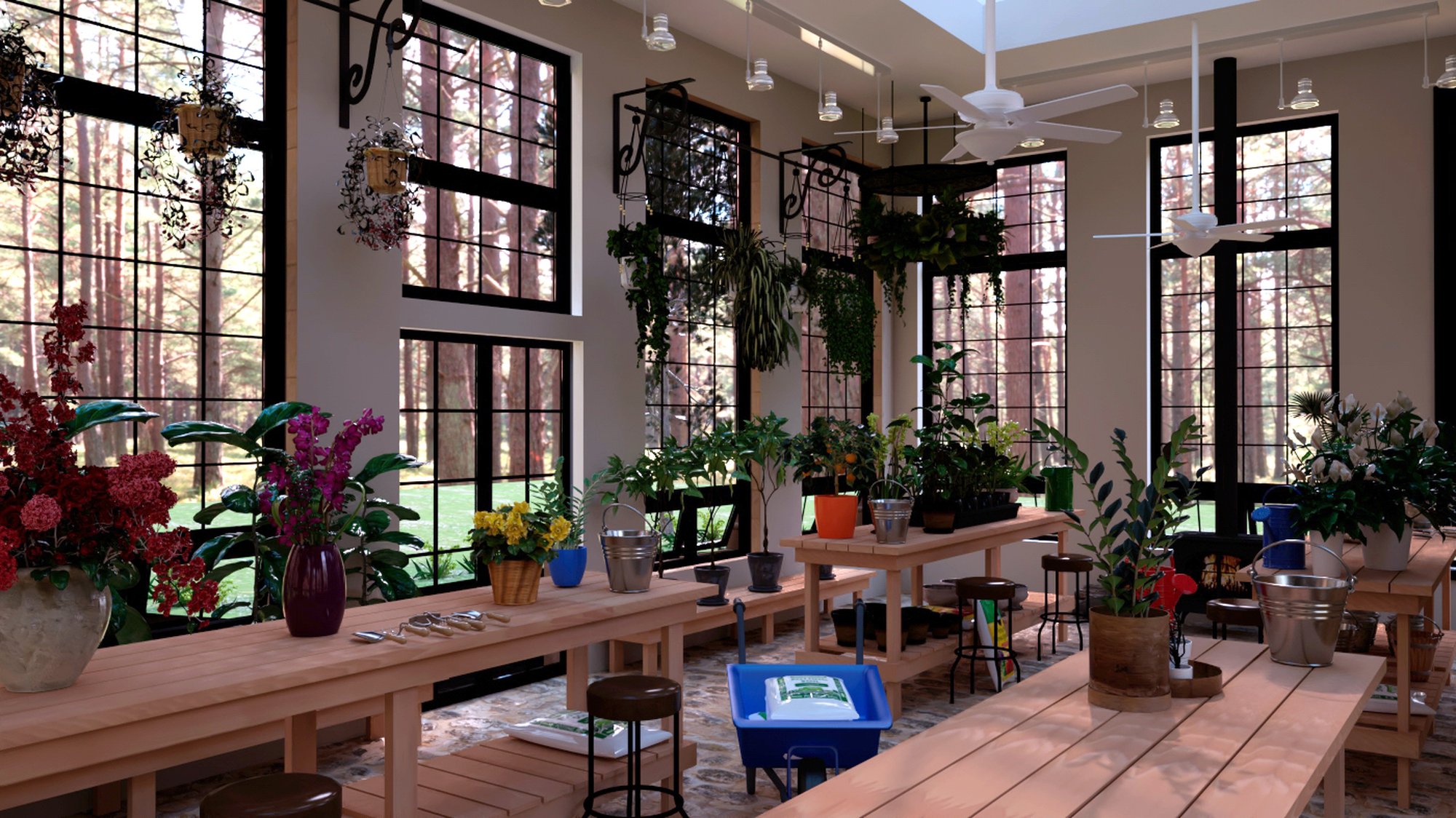 Wide interior view of the GreenHouse potting room